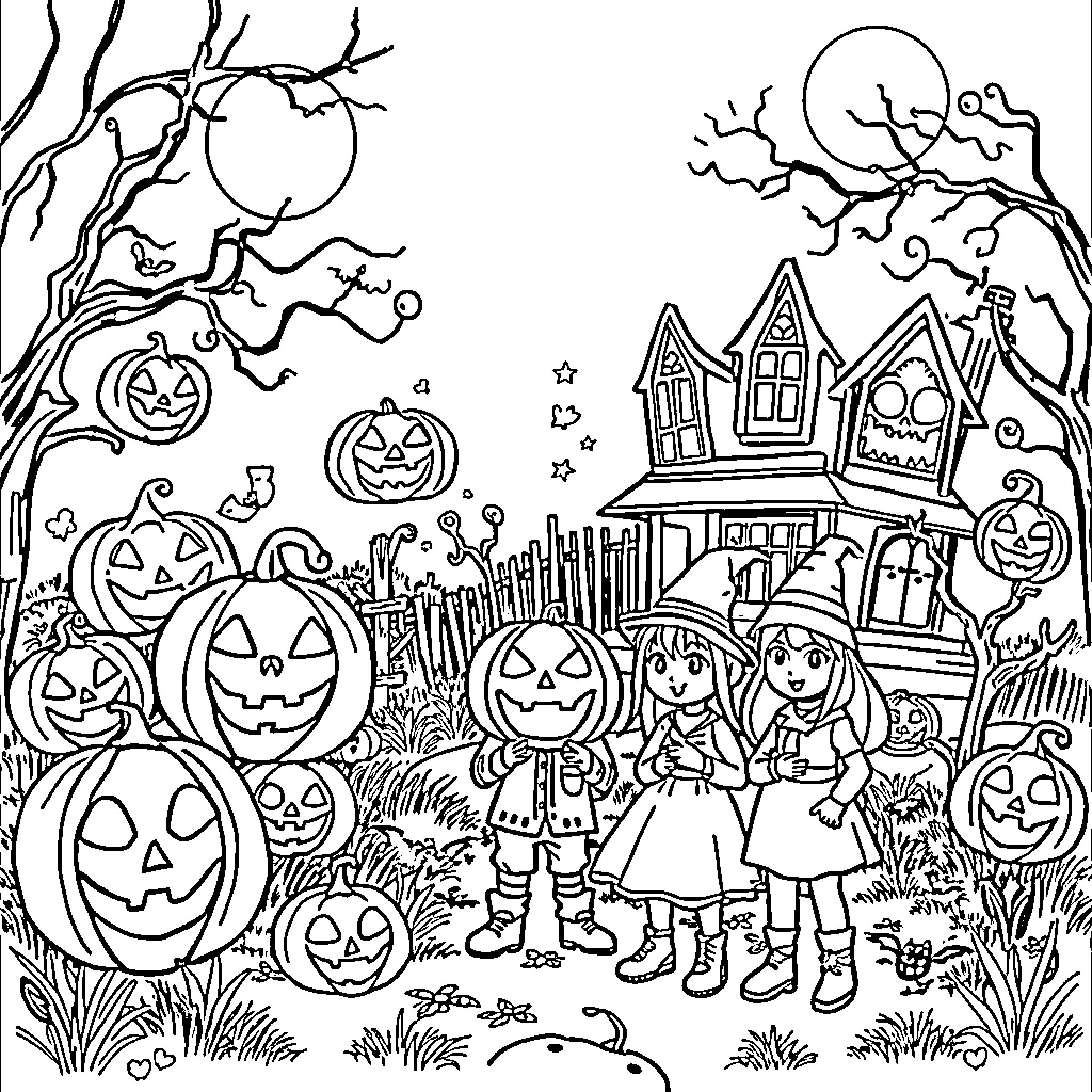 Halloween Trick-or-Treating with Pumpkins and Haunted House Coloring Page (free black-and-white line drawing printable PDF for all, from beginners to advanced learners, including children, teens, adults, and seniors)