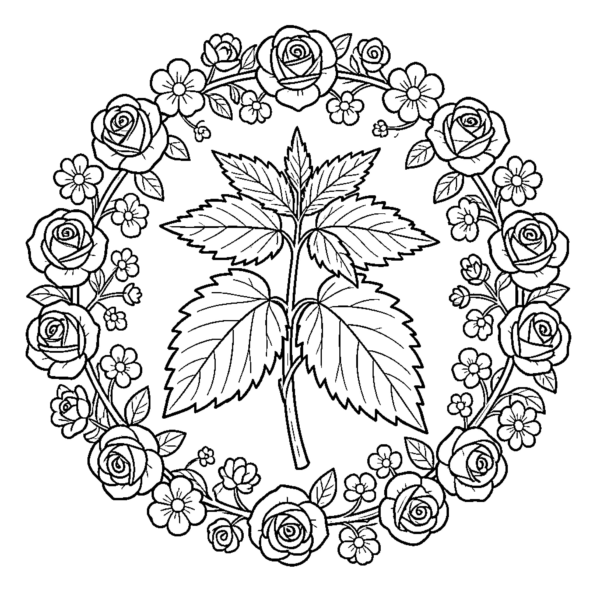 Nettle plant centered within a decorative floral wreath Coloring Page (free black-and-white line drawing printable PDF for all, from beginners to advanced learners, including children, teens, adults, and seniors)