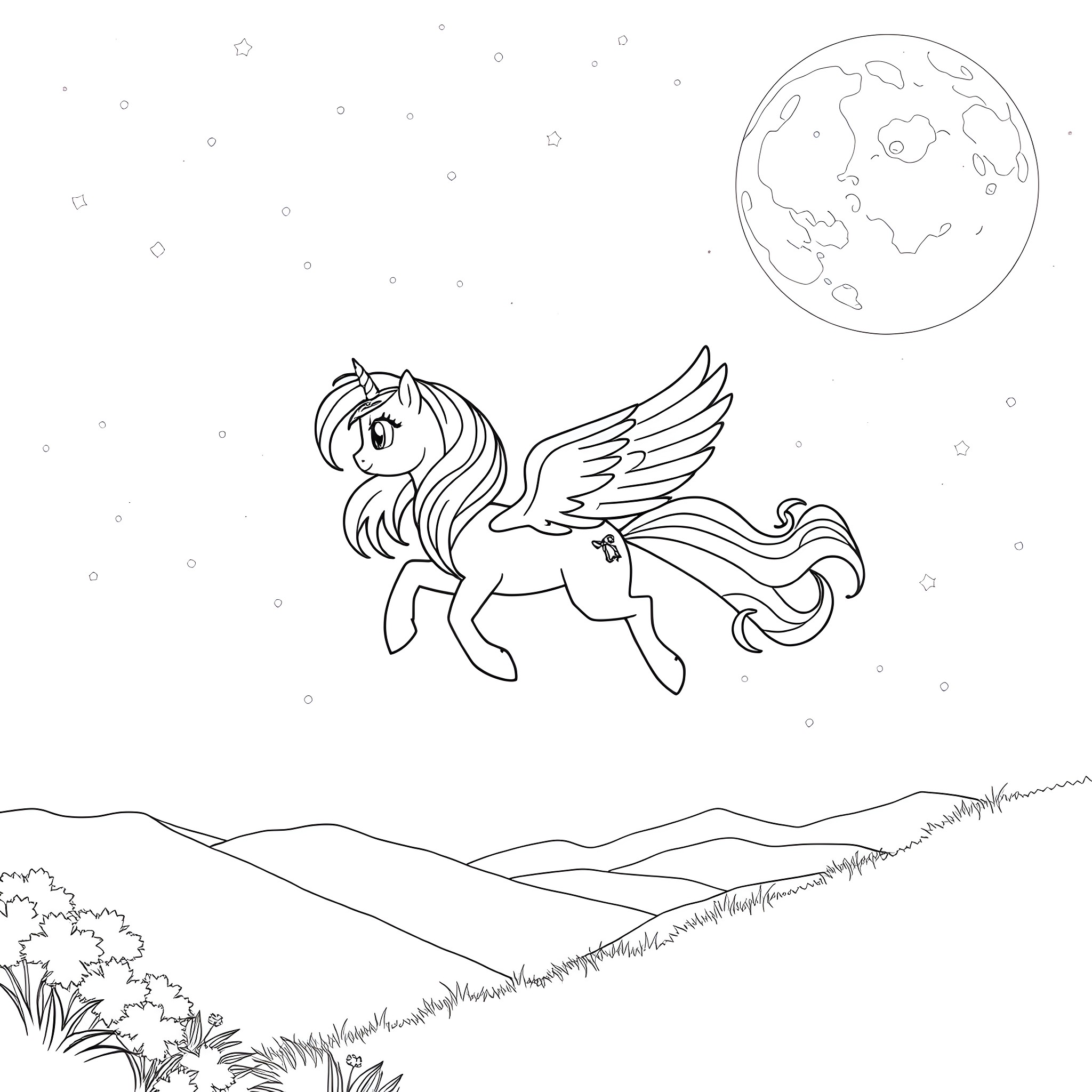 Princess Celestia soaring through the starry night Coloring Page (free black-and-white line drawing printable PDF for all, from beginners to advanced learners, including children, teens, adults, and seniors)