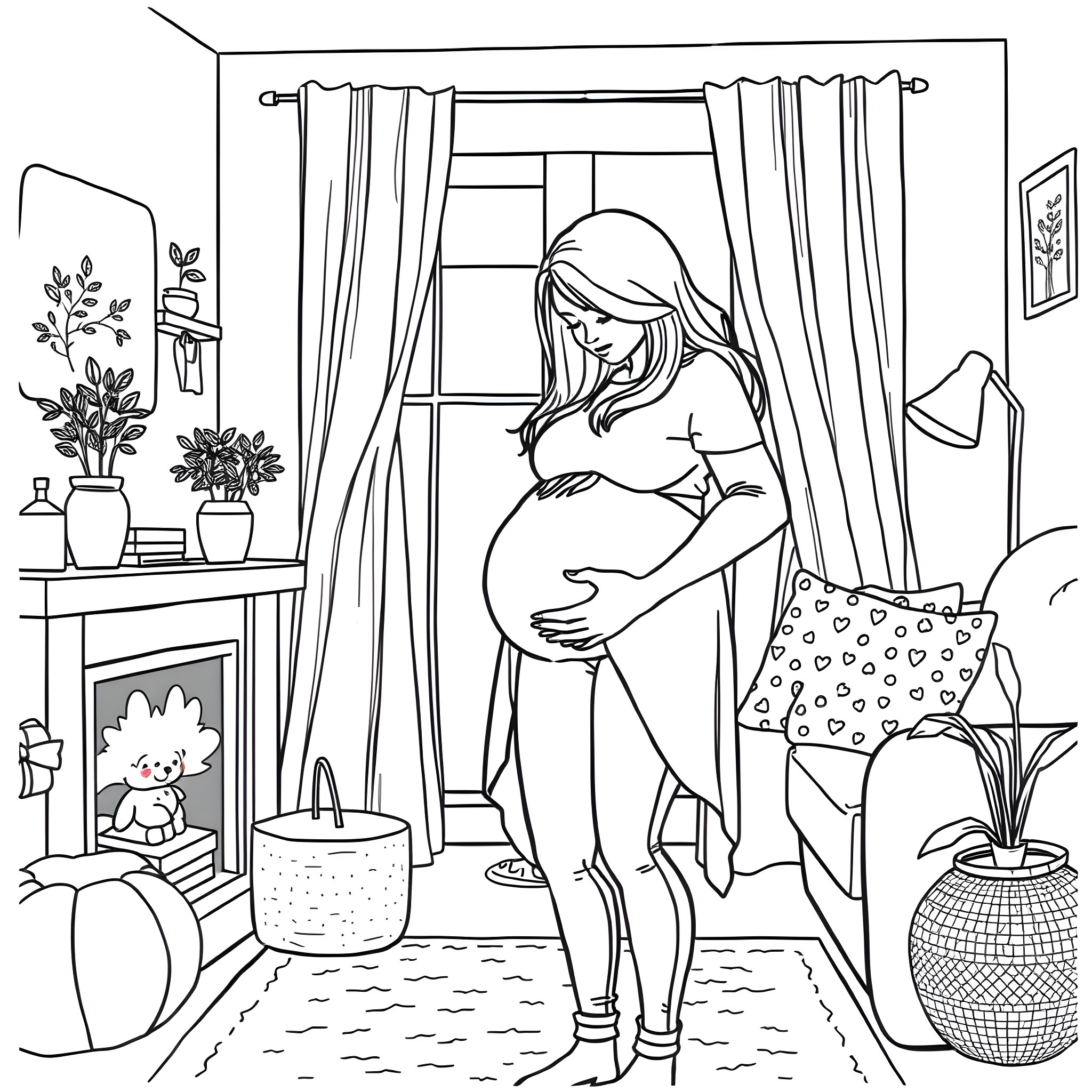 Mother embracing her growing belly in cozy home Coloring Page (free black-and-white line drawing printable PDF for all, from beginners to advanced learners, including children, teens, adults, and seniors)