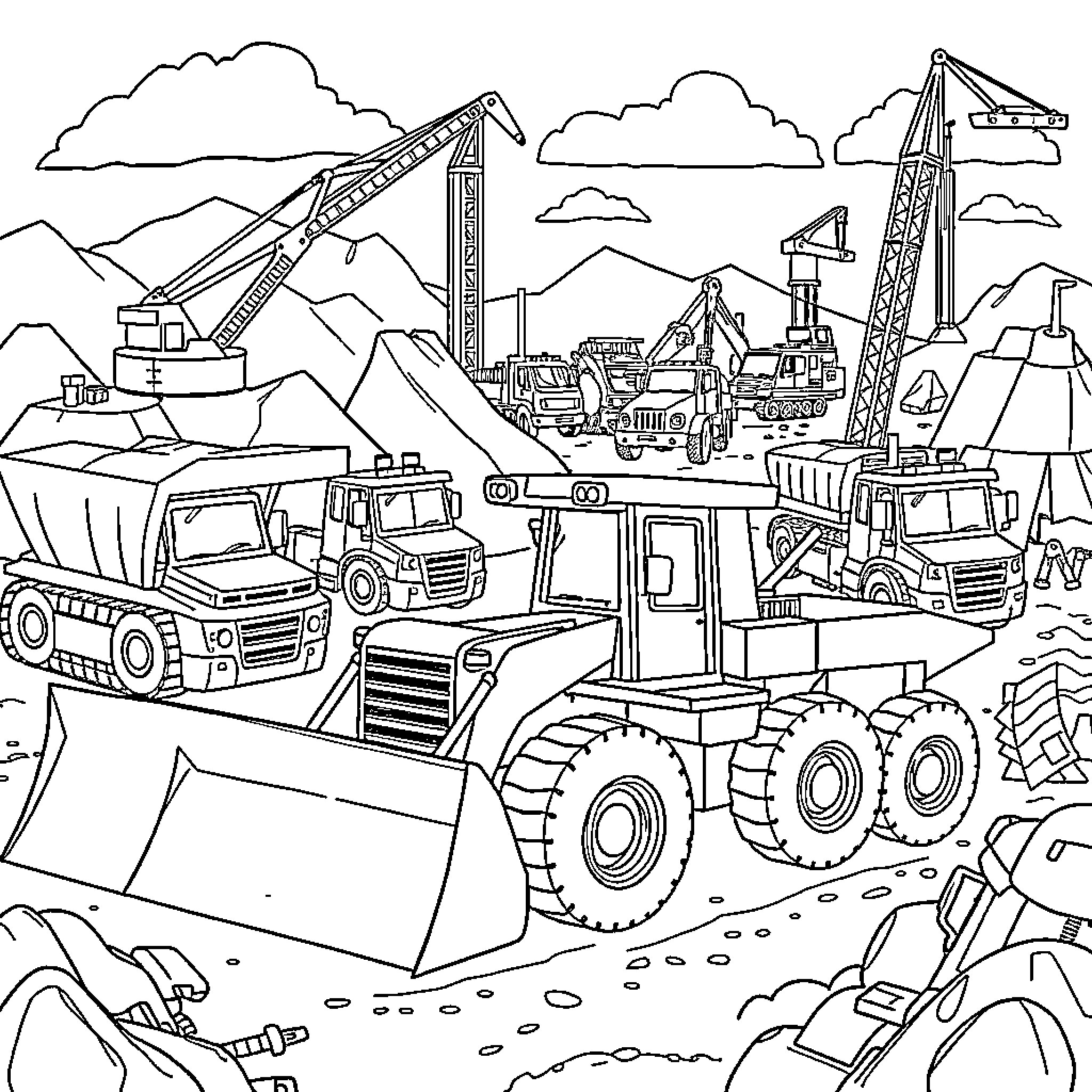 Construction Vehicle at Busy Worksite with Cranes and Machinery Coloring Page (free black-and-white line drawing printable PDF for all, from beginners to advanced learners, including children, teens, adults, and seniors)