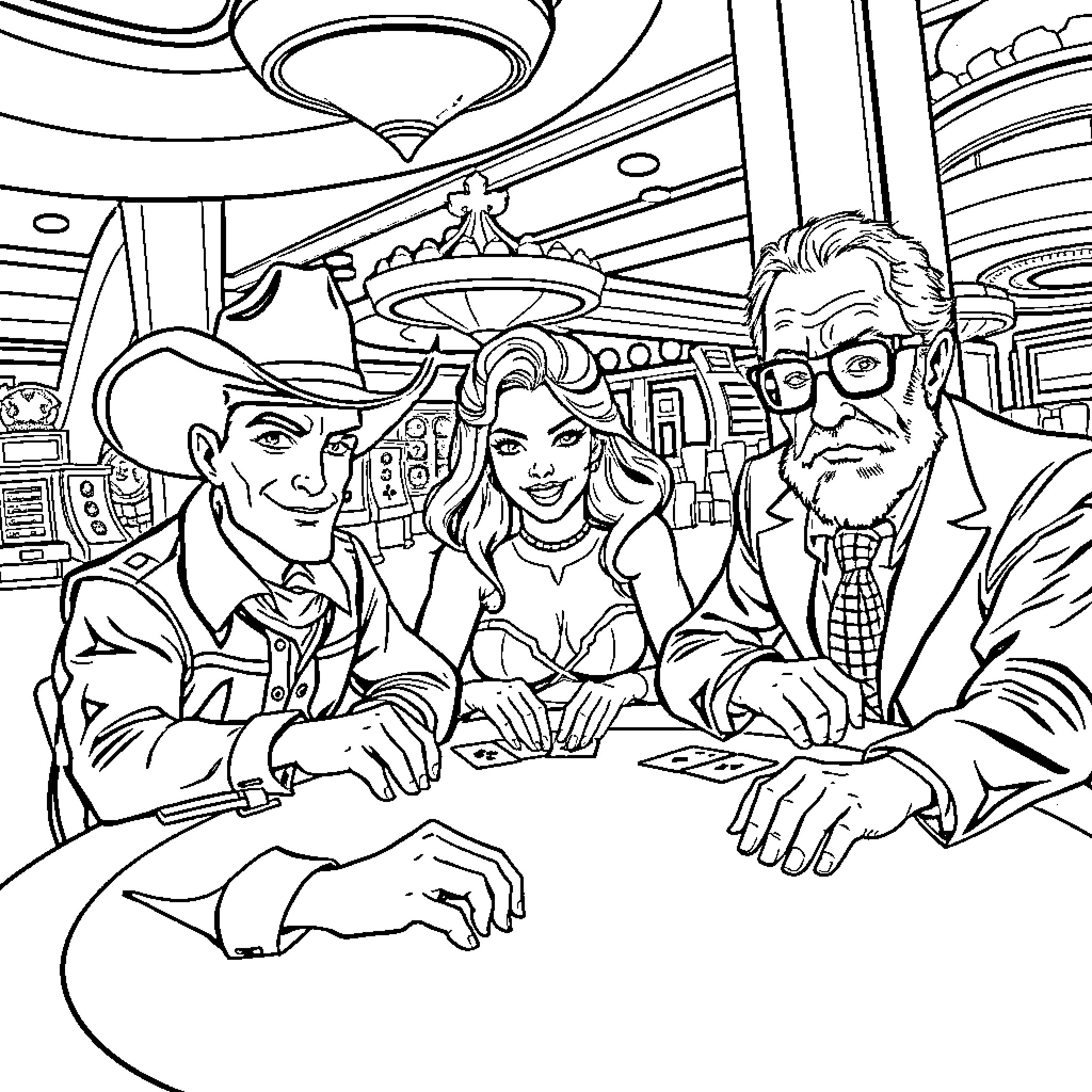 Casino Patrons Enjoying the Atmosphere Coloring Page (free black-and-white line drawing printable PDF for all, from beginners to advanced learners, including children, teens, adults, and seniors)