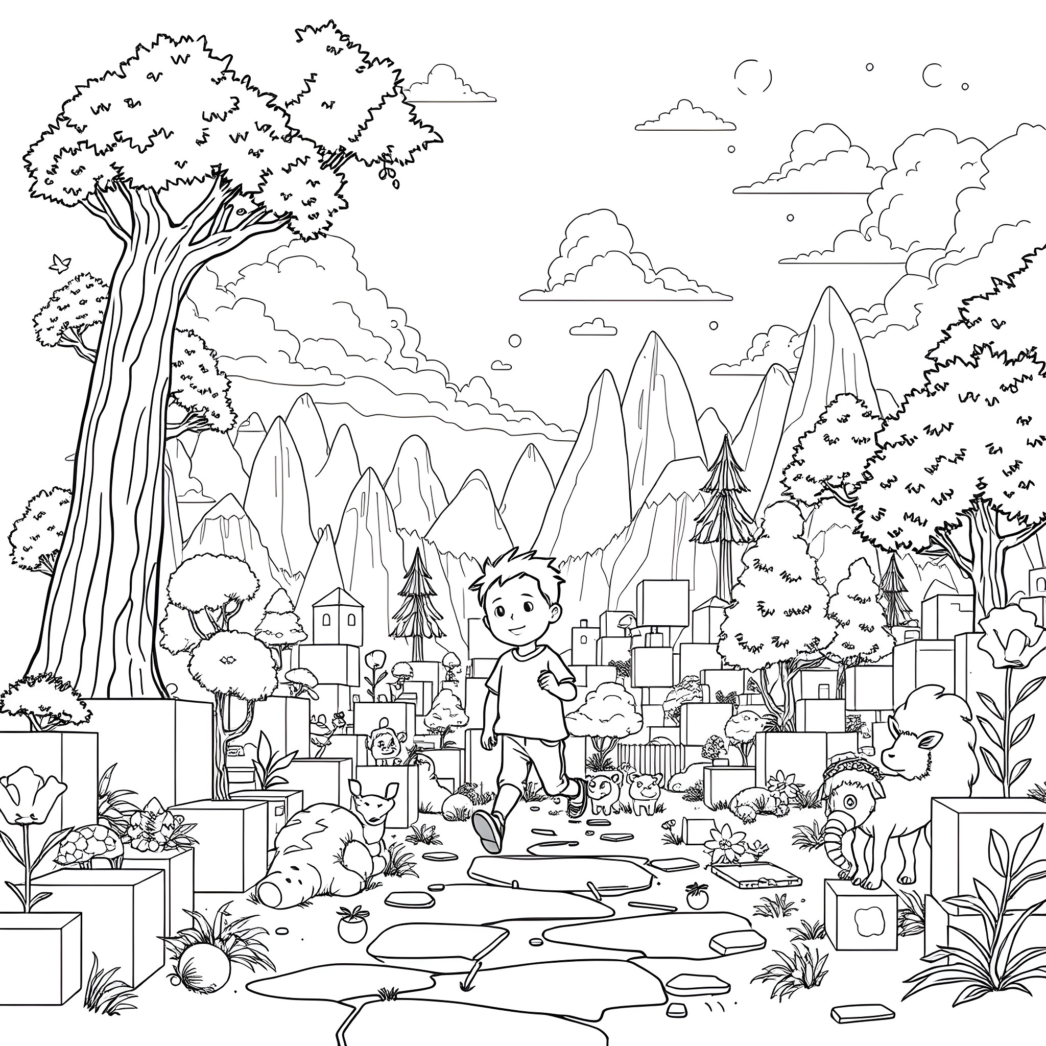 Child playing happily in a scenic natural landscape Coloring Page (free black-and-white line drawing printable PDF for all, from beginners to advanced learners, including children, teens, adults, and seniors)