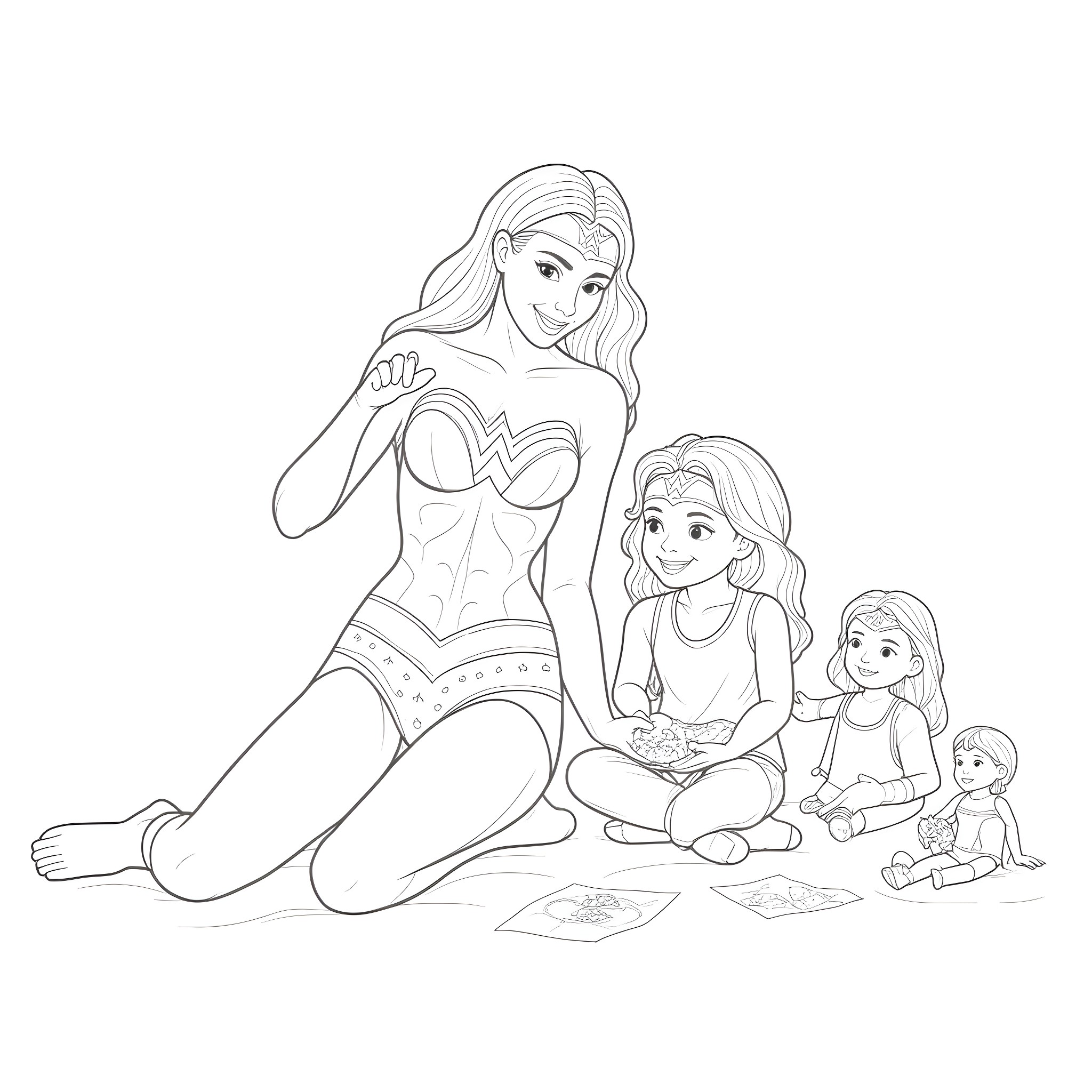 Wonder Woman and her young admirers Coloring Page (free black-and-white line drawing printable PDF for all, from beginners to advanced learners, including children, teens, adults, and seniors)