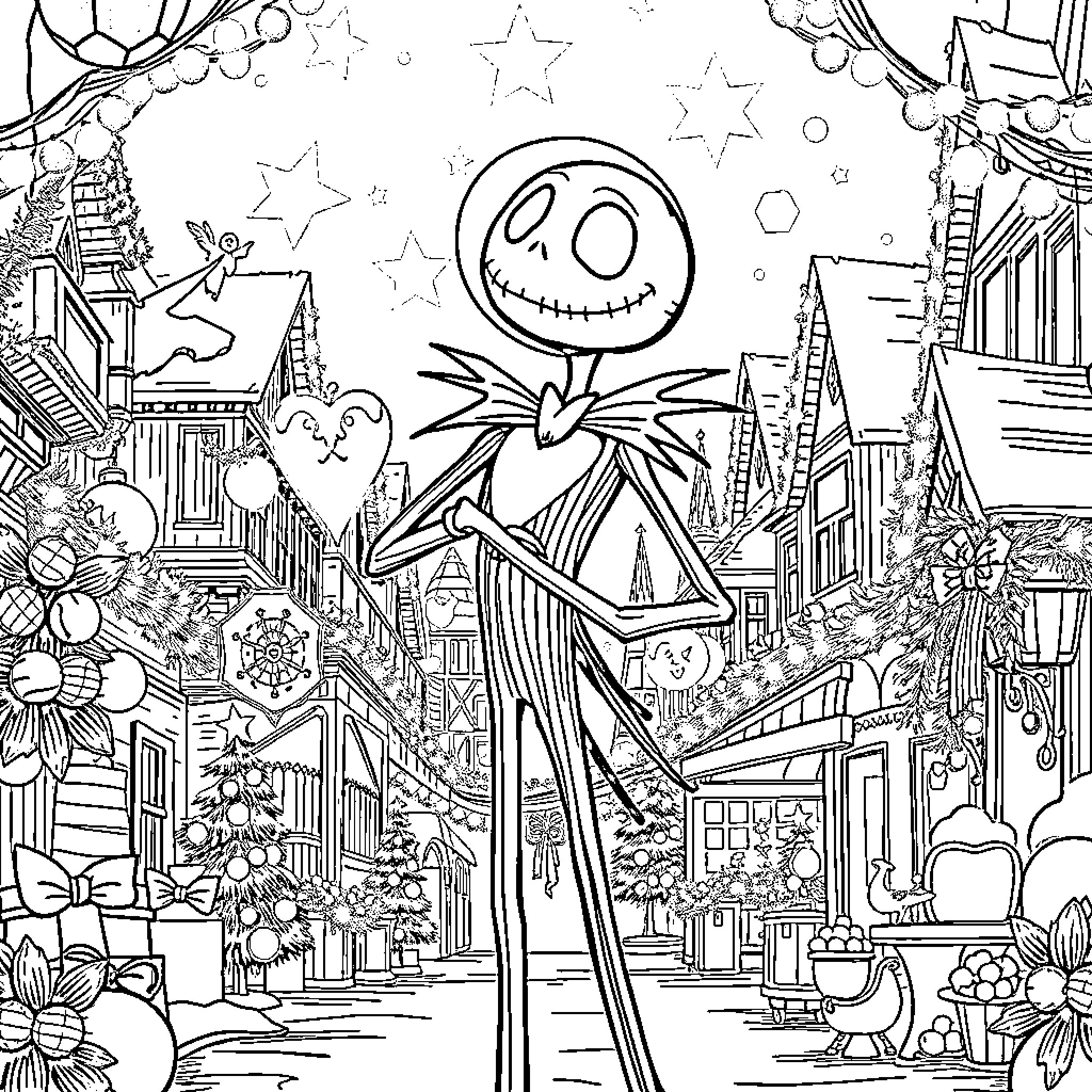 Jack Skellington exploring a whimsical town filled with festive decorations Coloring Page (free black-and-white line drawing printable PDF for all, from beginners to advanced learners, including children, teens, adults, and seniors)