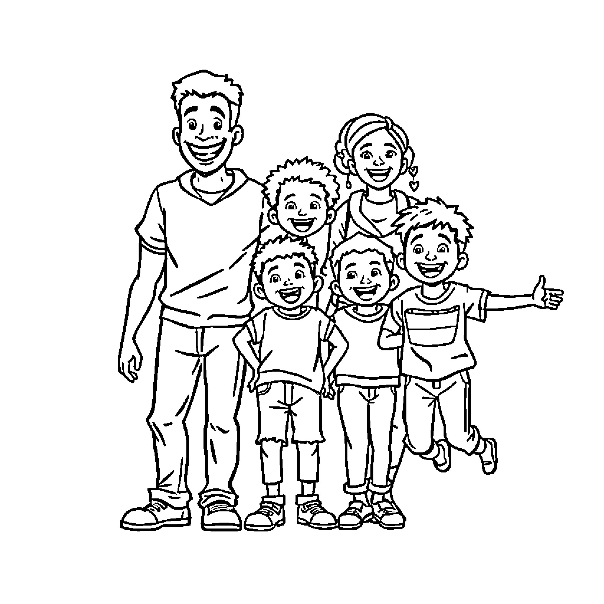 Family Portrait of Smiling Relatives Coloring Page (free black-and-white line drawing printable PDF for all, from beginners to advanced learners, including children, teens, adults, and seniors)