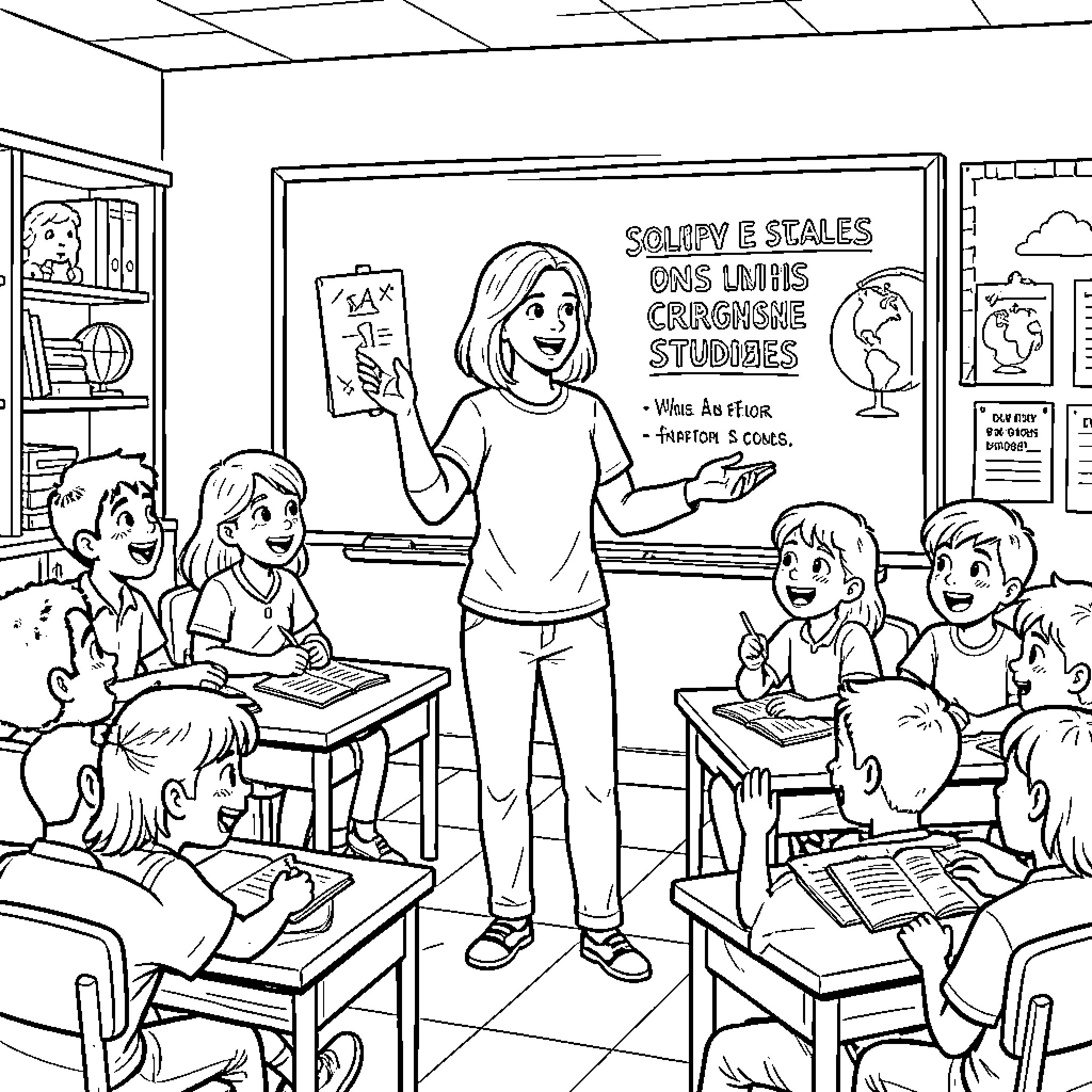 Teacher explaining a lesson to smiling students in classroom Coloring Page (free black-and-white line drawing printable PDF for all, from beginners to advanced learners, including children, teens, adults, and seniors)