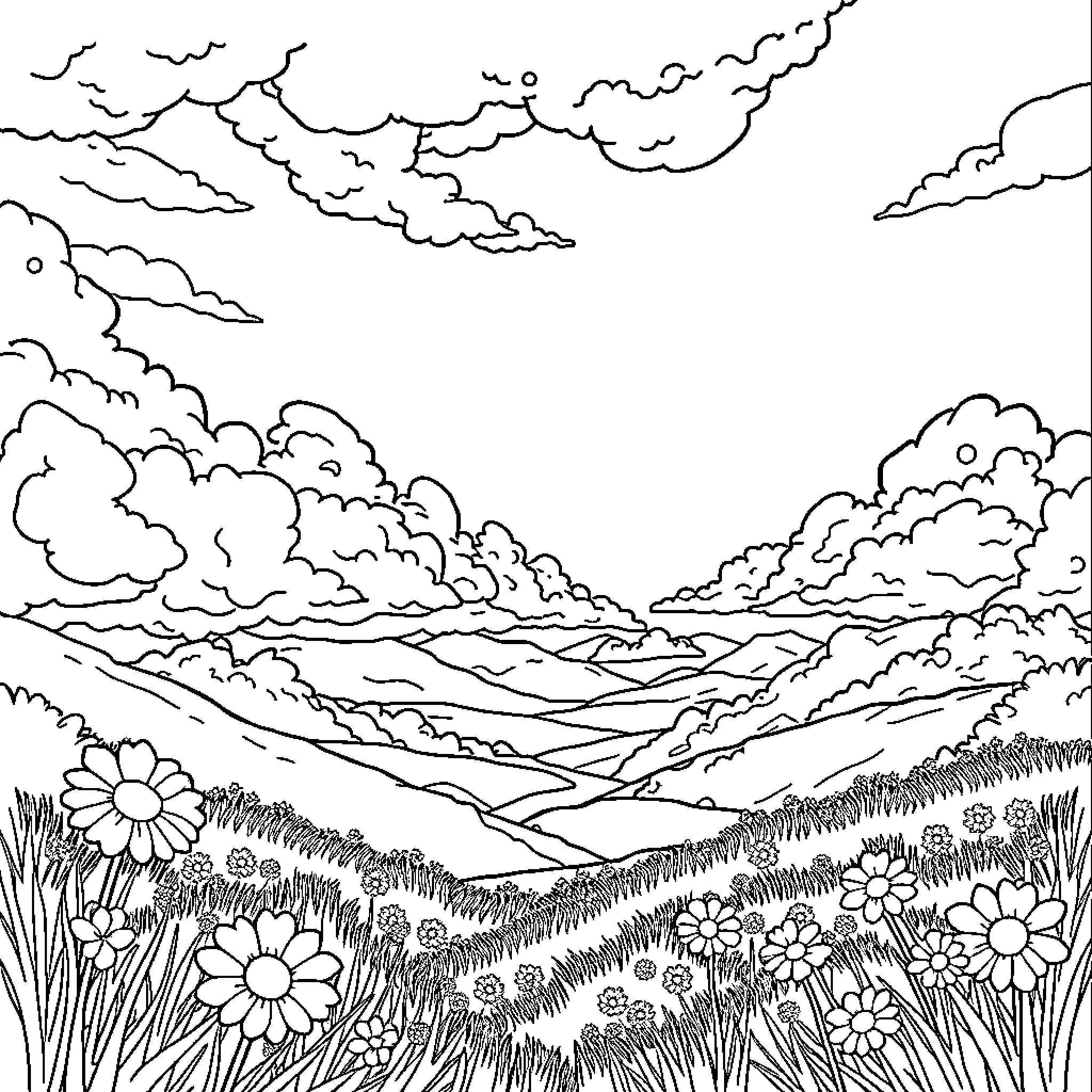 Heaven's Whimsical Landscape: A Dreamscape of Clouds and Flowers Coloring Page (free black-and-white line drawing printable PDF for all, from beginners to advanced learners, including children, teens, adults, and seniors)