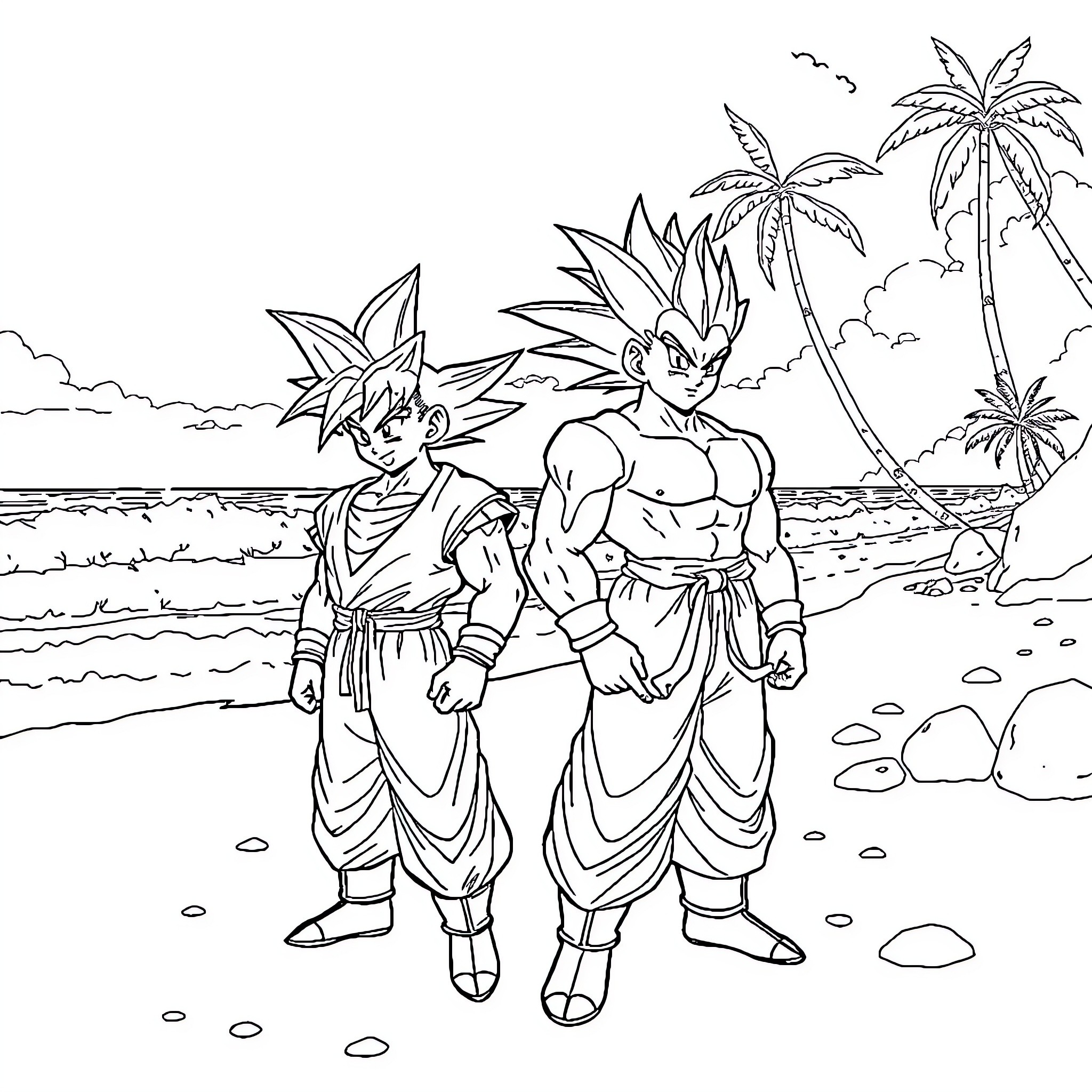 Goku and Vegeta facing off on a tropical beach Coloring Page (free black-and-white line drawing printable PDF for all, from beginners to advanced learners, including children, teens, adults, and seniors)