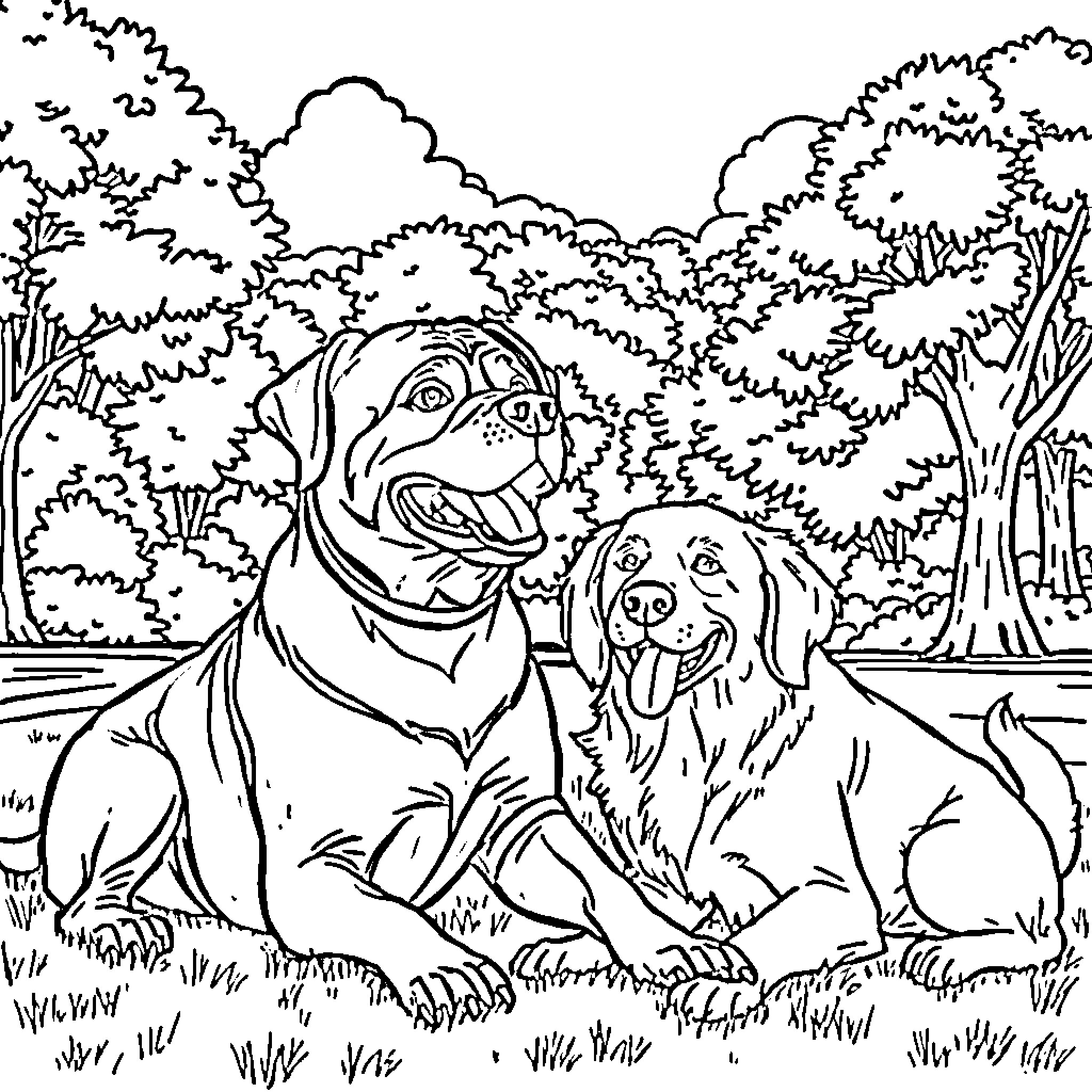 Rottweiler dogs enjoying nature together Coloring Page (free black-and-white line drawing printable PDF for all, from beginners to advanced learners, including children, teens, adults, and seniors)