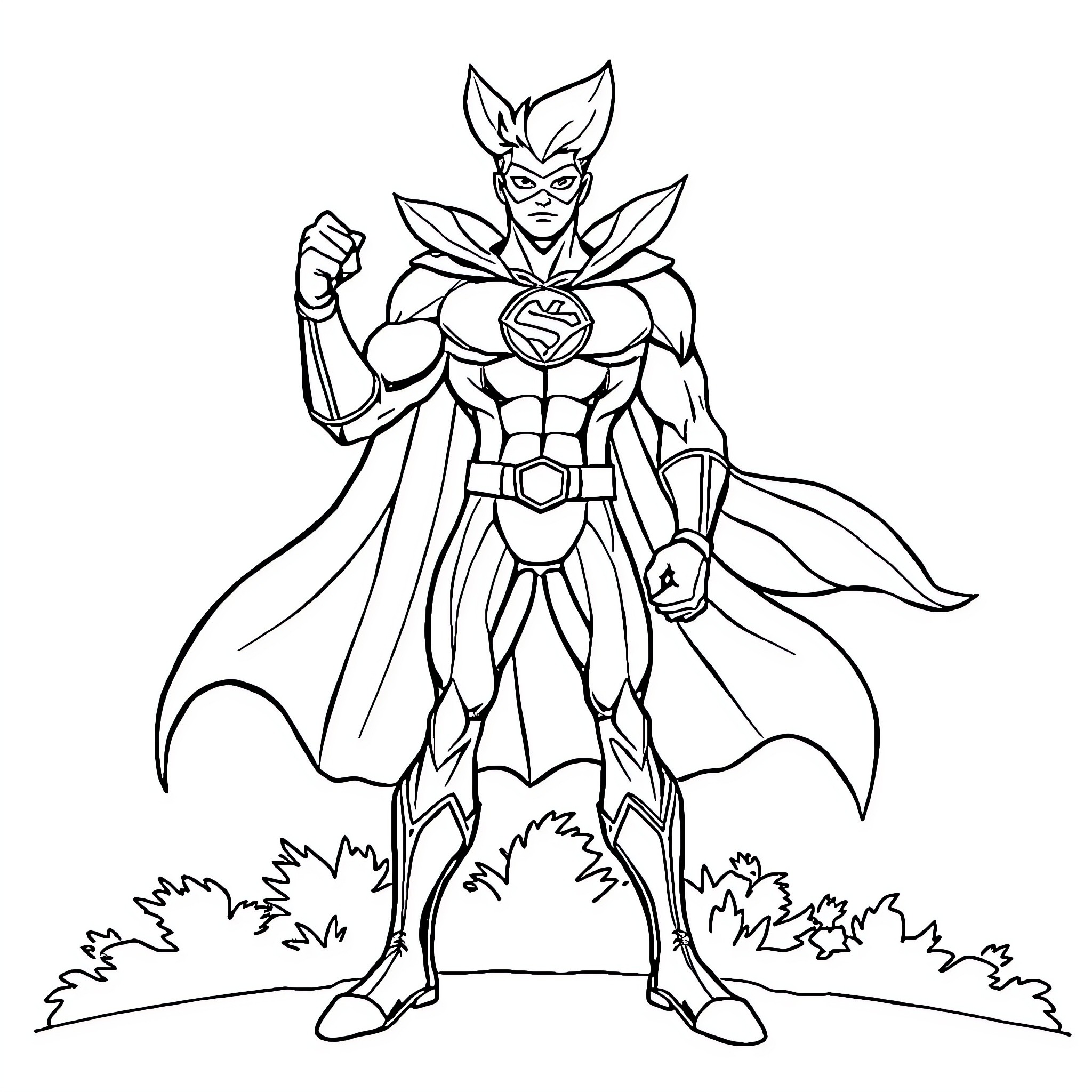 Marijuana-themed superhero in action pose Coloring Page (free black-and-white line drawing printable PDF for all, from beginners to advanced learners, including children, teens, adults, and seniors)