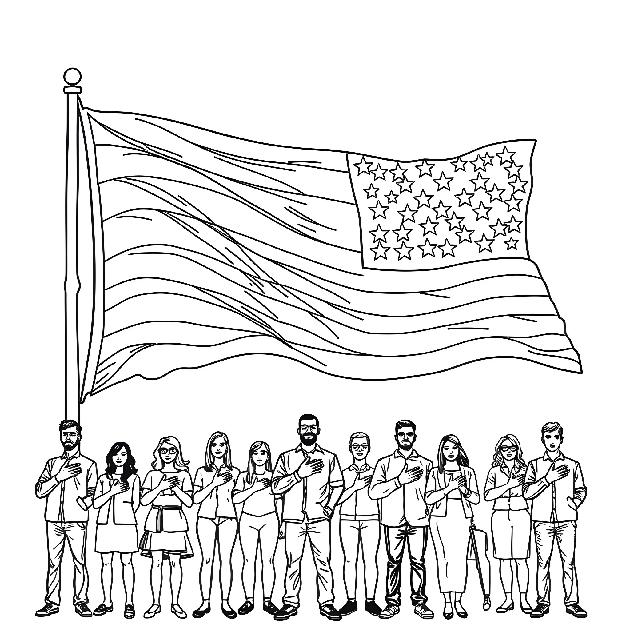 Flag of America Waving with Citizens Gathered Coloring Page (free black-and-white line drawing printable PDF for all, from beginners to advanced learners, including children, teens, adults, and seniors)