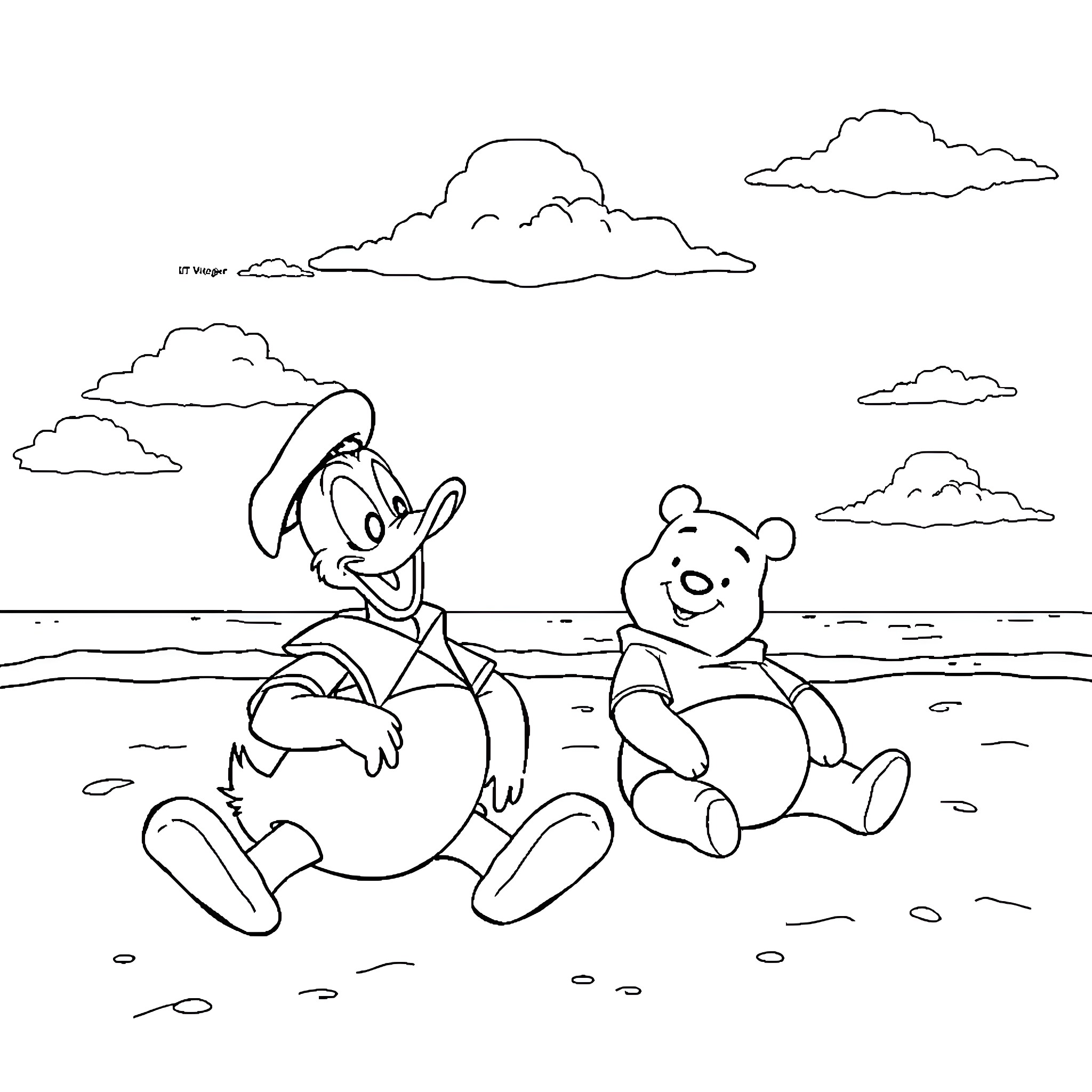 Donald Duck and Winnie the Pooh enjoying sunny day on the beach Coloring Page (free black-and-white line drawing printable PDF for all, from beginners to advanced learners, including children, teens, adults, and seniors)