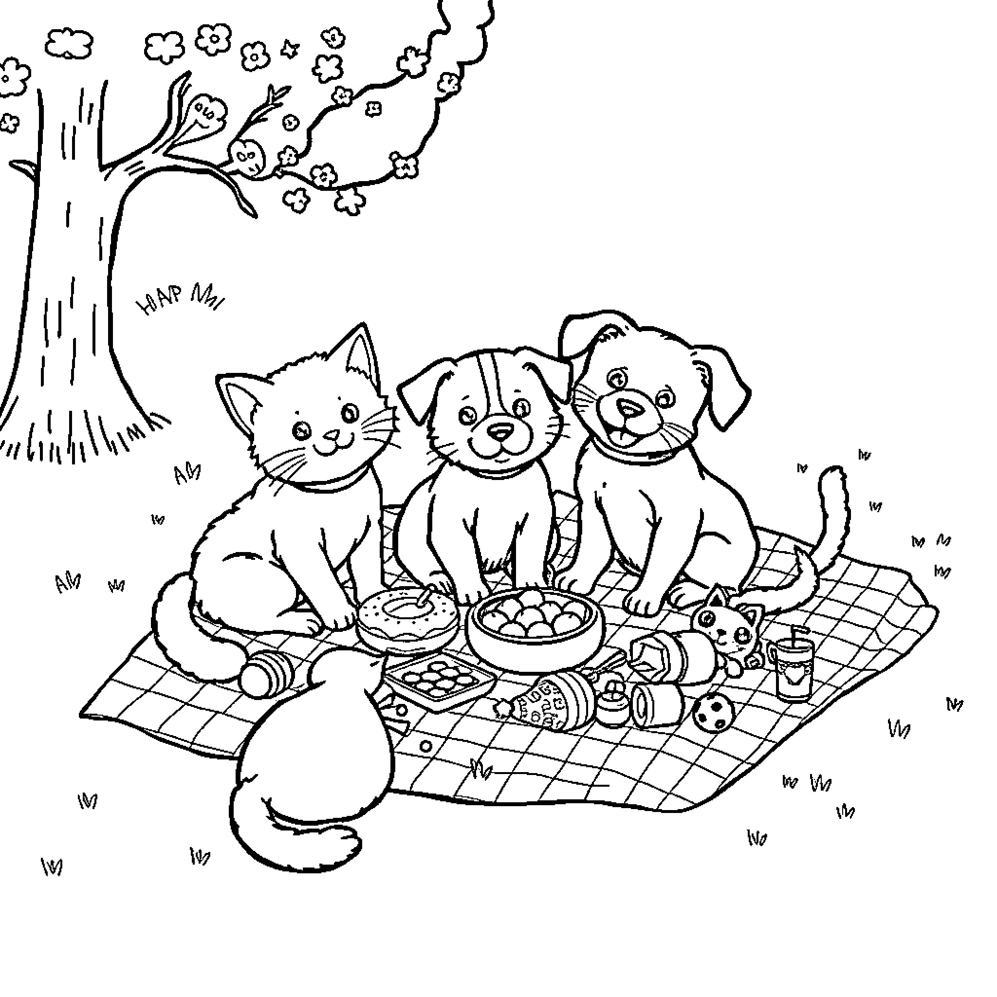 Cat and Dog Enjoying a Picnic Together Coloring Page (free black-and-white line drawing printable PDF for all, from beginners to advanced learners, including children, teens, adults, and seniors)