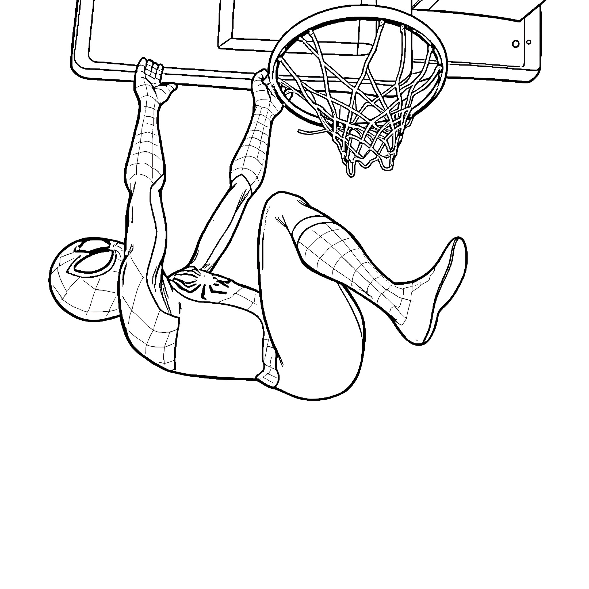 Spiderman making a slam dunk on the basketball court Coloring Page (free black-and-white line drawing printable PDF for all, from beginners to advanced learners, including children, teens, adults, and seniors)