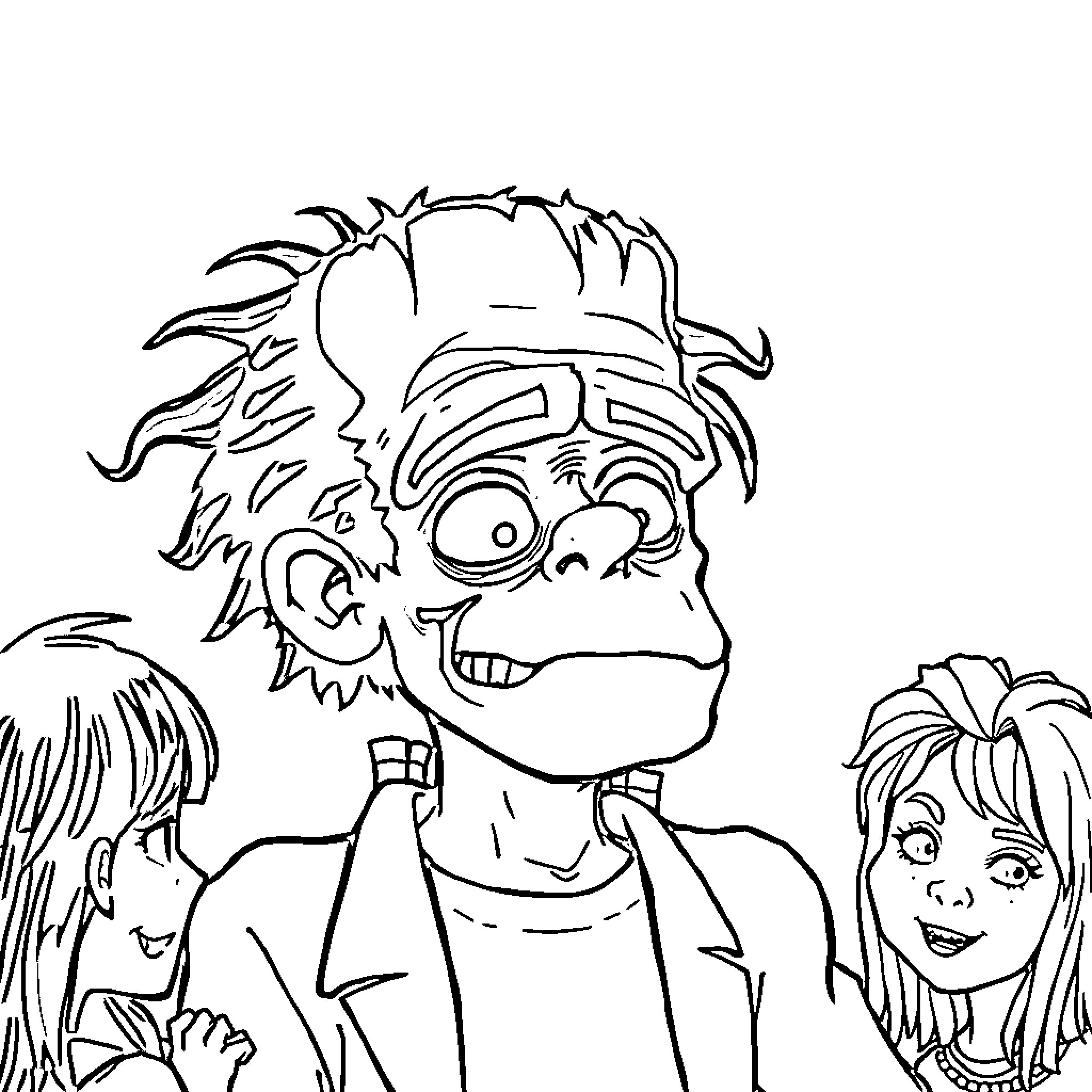 Frankenstein-like creature and companions in unusual appearance Coloring Page (free black-and-white line drawing printable PDF for all, from beginners to advanced learners, including children, teens, adults, and seniors)