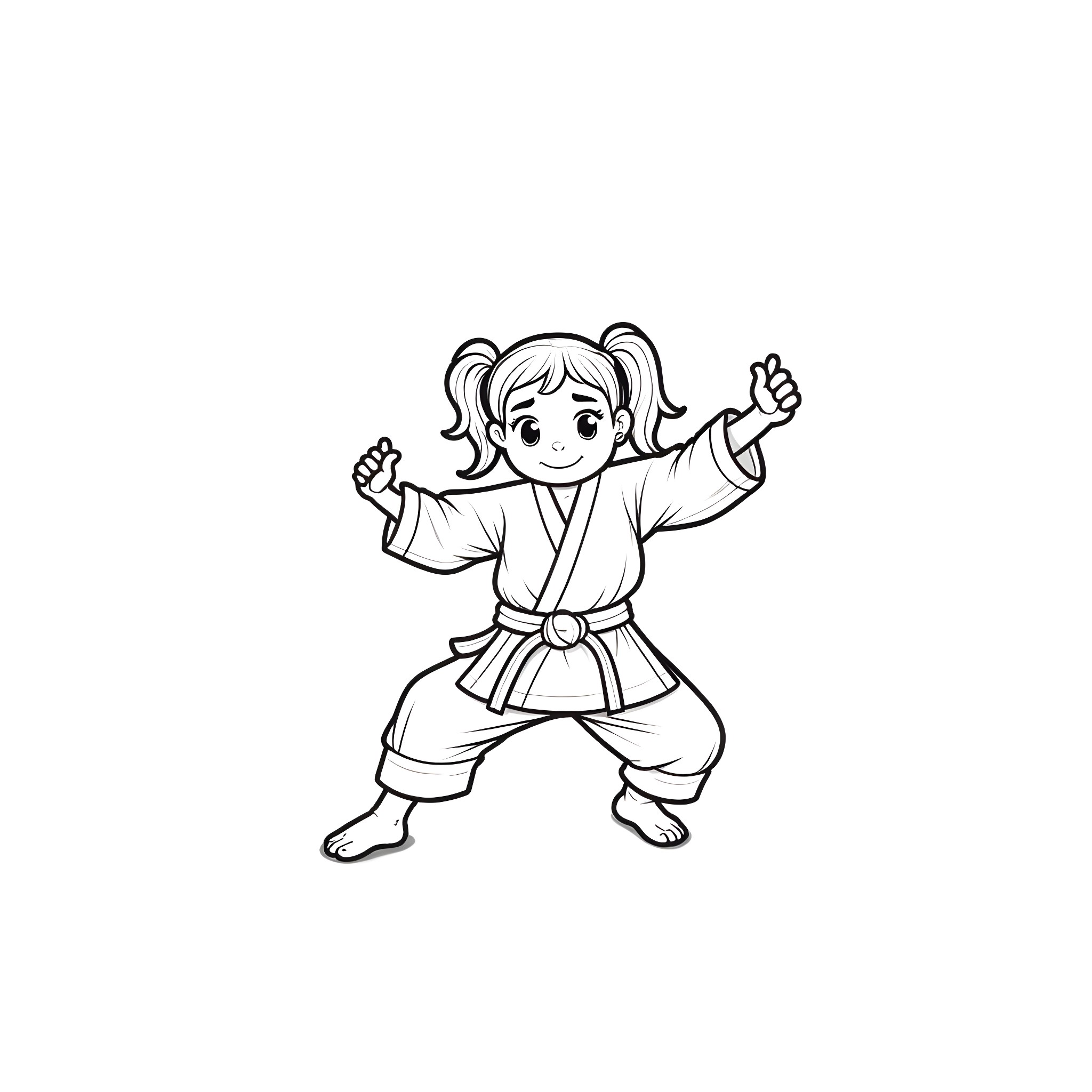 Girl Practicing Martial Arts Pose Coloring Page (free black-and-white line drawing printable PDF for all, from beginners to advanced learners, including children, teens, adults, and seniors)