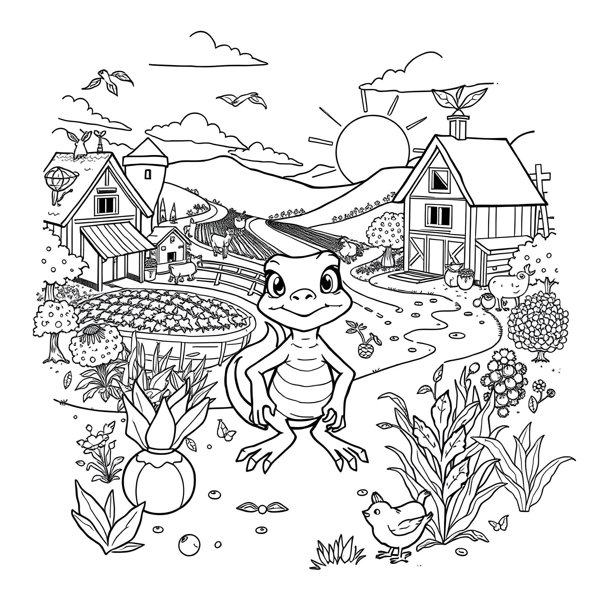 Murloc exploring a whimsical countryside landscape Coloring Page (free black-and-white line drawing printable PDF for all, from beginners to advanced learners, including children, teens, adults, and seniors)