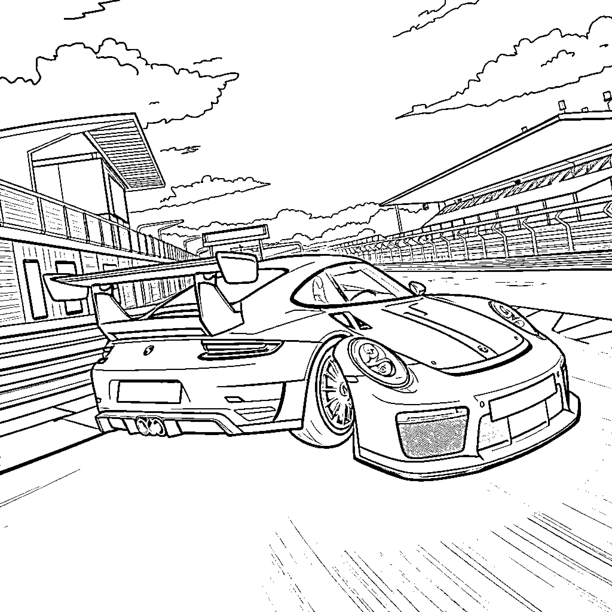 Porsche racing on the track with speed and thrill Coloring Page (free black-and-white line drawing printable PDF for all, from beginners to advanced learners, including children, teens, adults, and seniors)