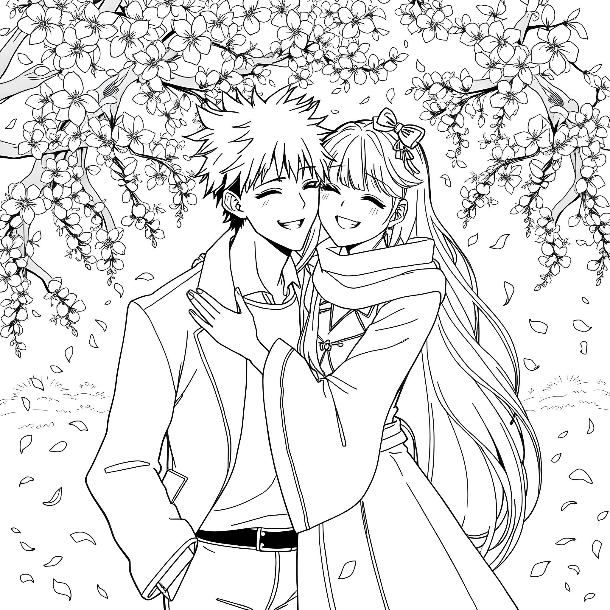 Gojo and Partner Embracing Under Blooming Flowers Coloring Page (free black-and-white line drawing printable PDF for all, from beginners to advanced learners, including children, teens, adults, and seniors)