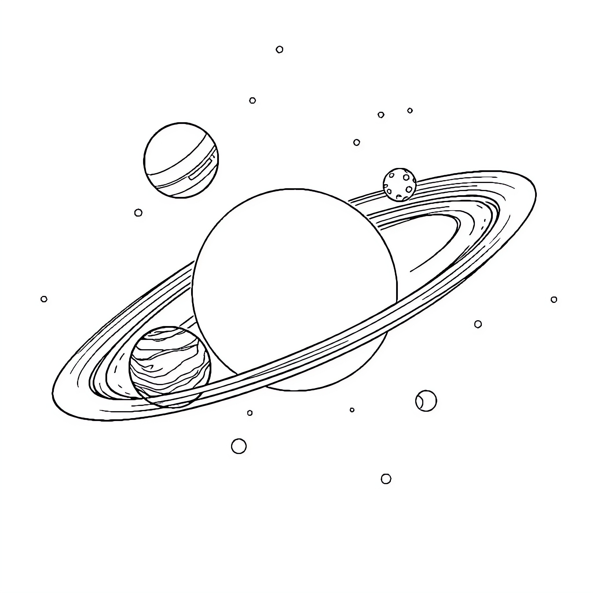Planet with moons floating in the cosmic void Coloring Page (free black-and-white line drawing printable PDF for all, from beginners to advanced learners, including children, teens, adults, and seniors)