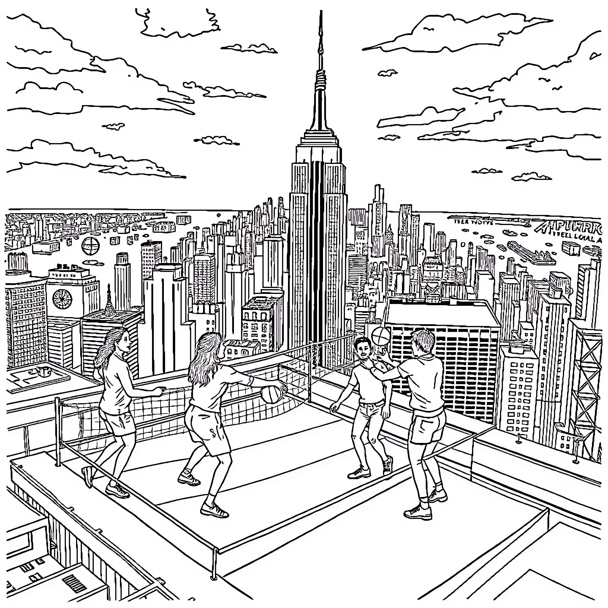 Volleyball Game on Rooftop with City Skyline Coloring Page (free black-and-white line drawing printable PDF for all, from beginners to advanced learners, including children, teens, adults, and seniors)