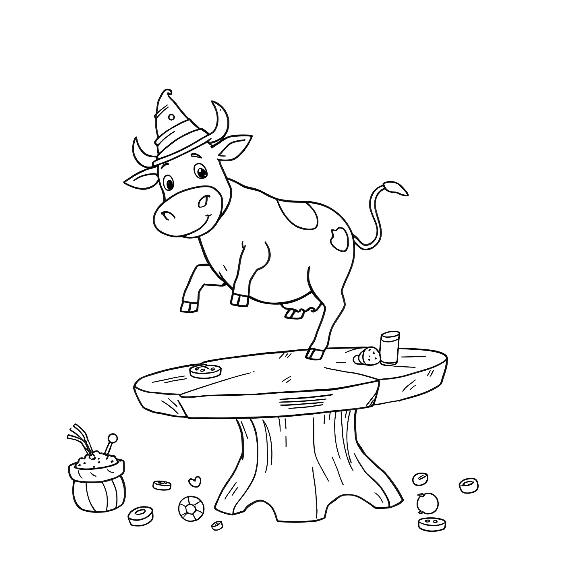Cow standing on stump with cupcakes Coloring Page (free black-and-white line drawing printable PDF for all, from beginners to advanced learners, including children, teens, adults, and seniors)