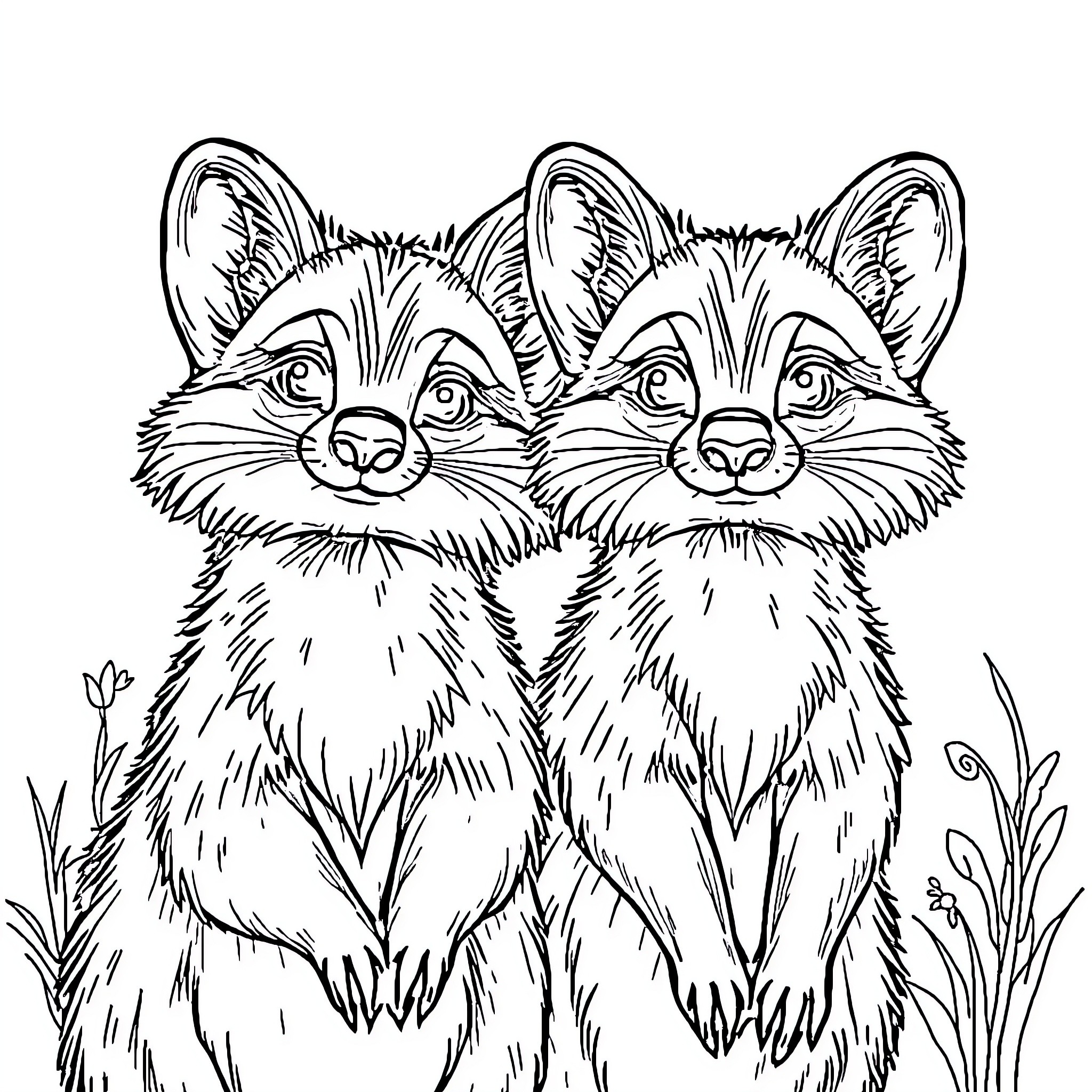 Furry Fox Companions in Nature Coloring Page (free black-and-white line drawing printable PDF for all, from beginners to advanced learners, including children, teens, adults, and seniors)