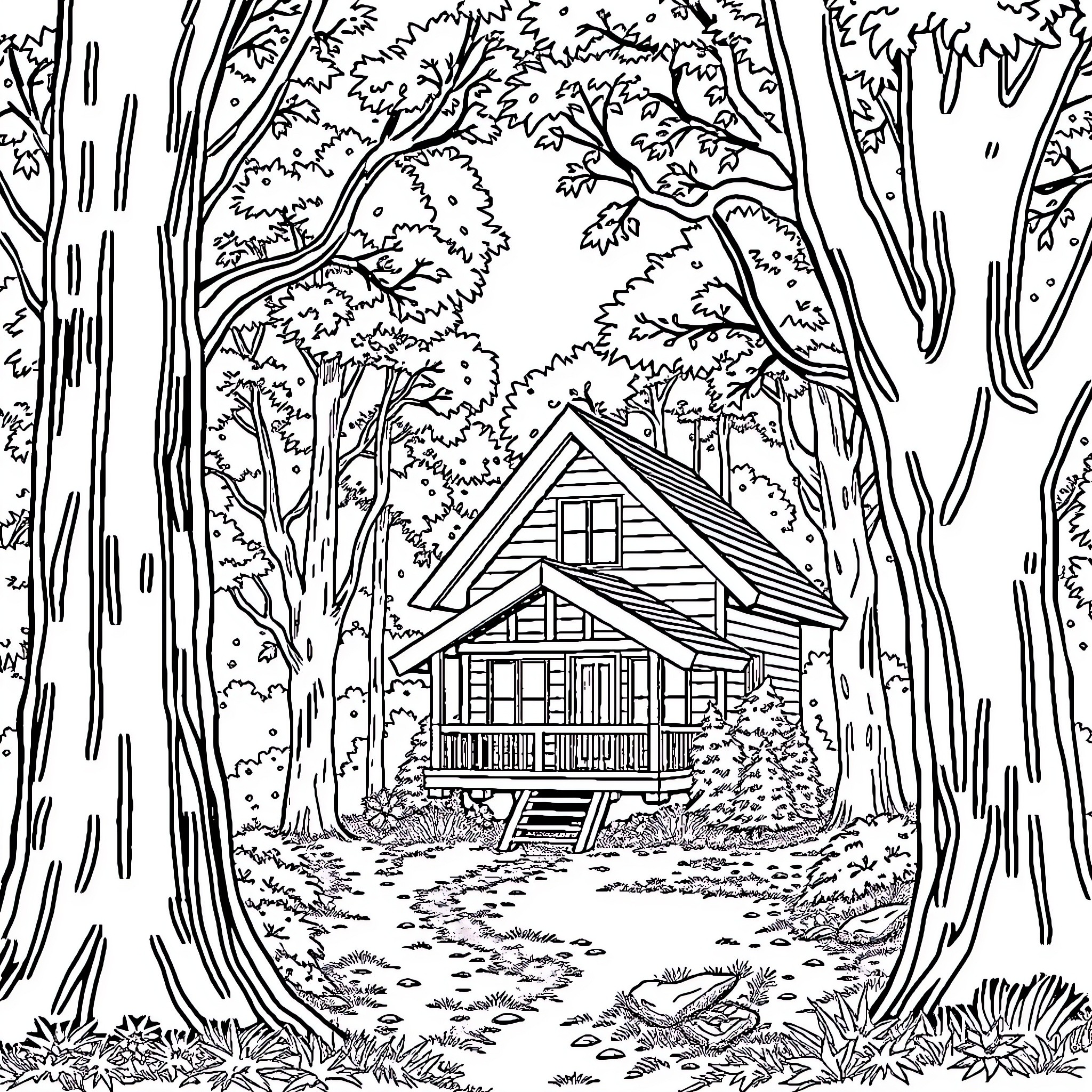 House in the Peaceful Forest Retreat Coloring Page (free black-and-white line drawing printable PDF for all, from beginners to advanced learners, including children, teens, adults, and seniors)