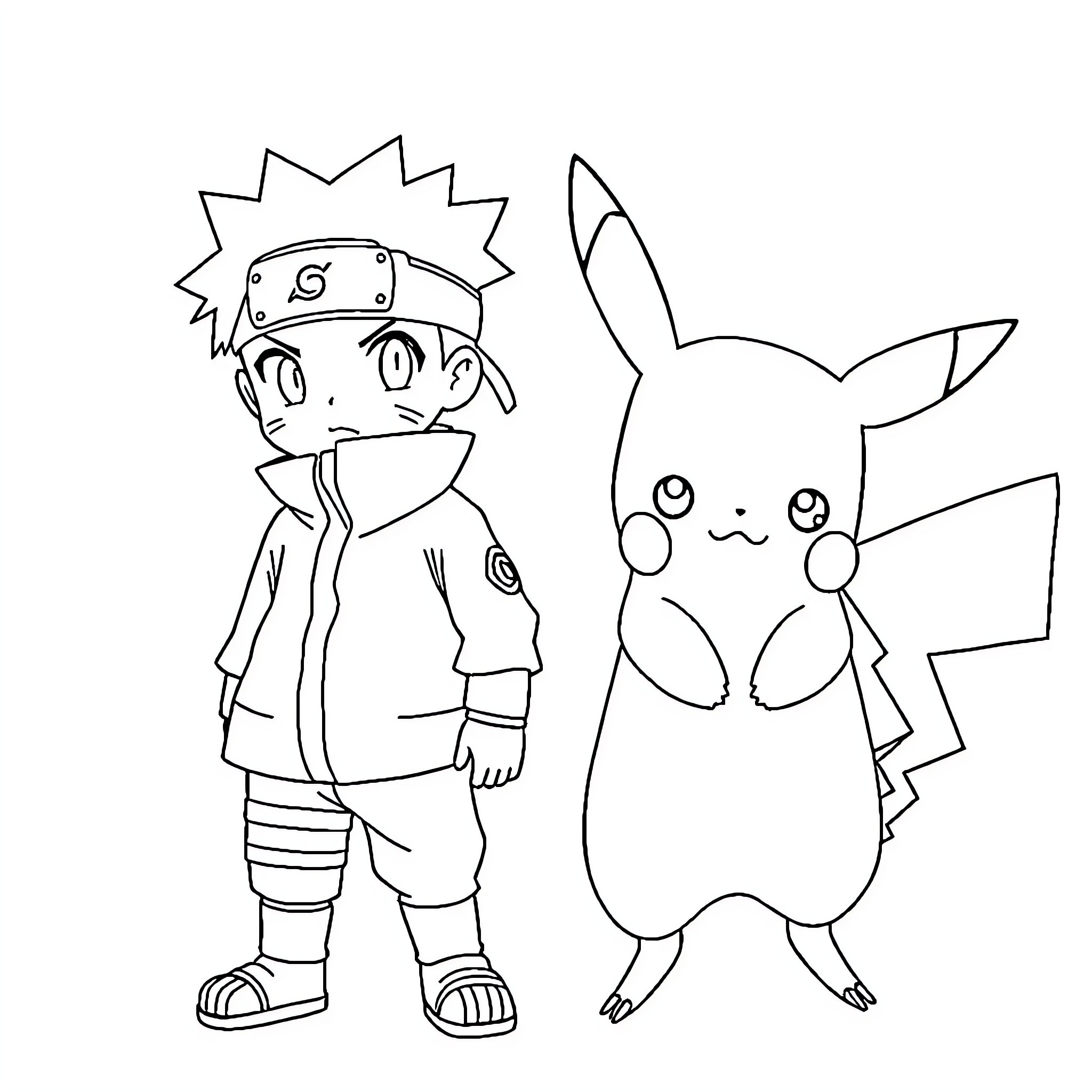 Naruto and Pikachu in a lighthearted adventure Coloring Page (free black-and-white line drawing printable PDF for all, from beginners to advanced learners, including children, teens, adults, and seniors)