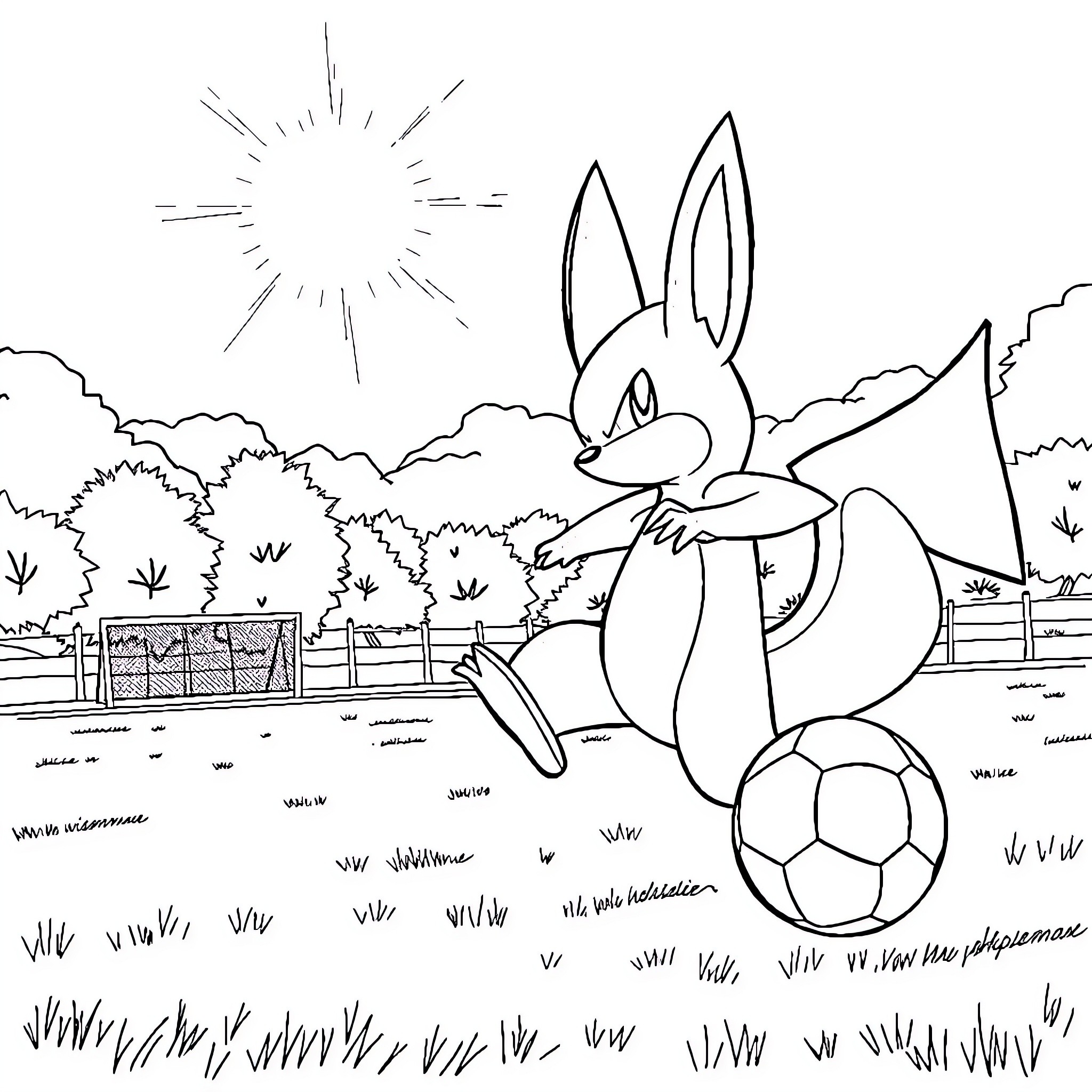 Lucario playing with a soccer ball on the field Coloring Page (free black-and-white line drawing printable PDF for all, from beginners to advanced learners, including children, teens, adults, and seniors)