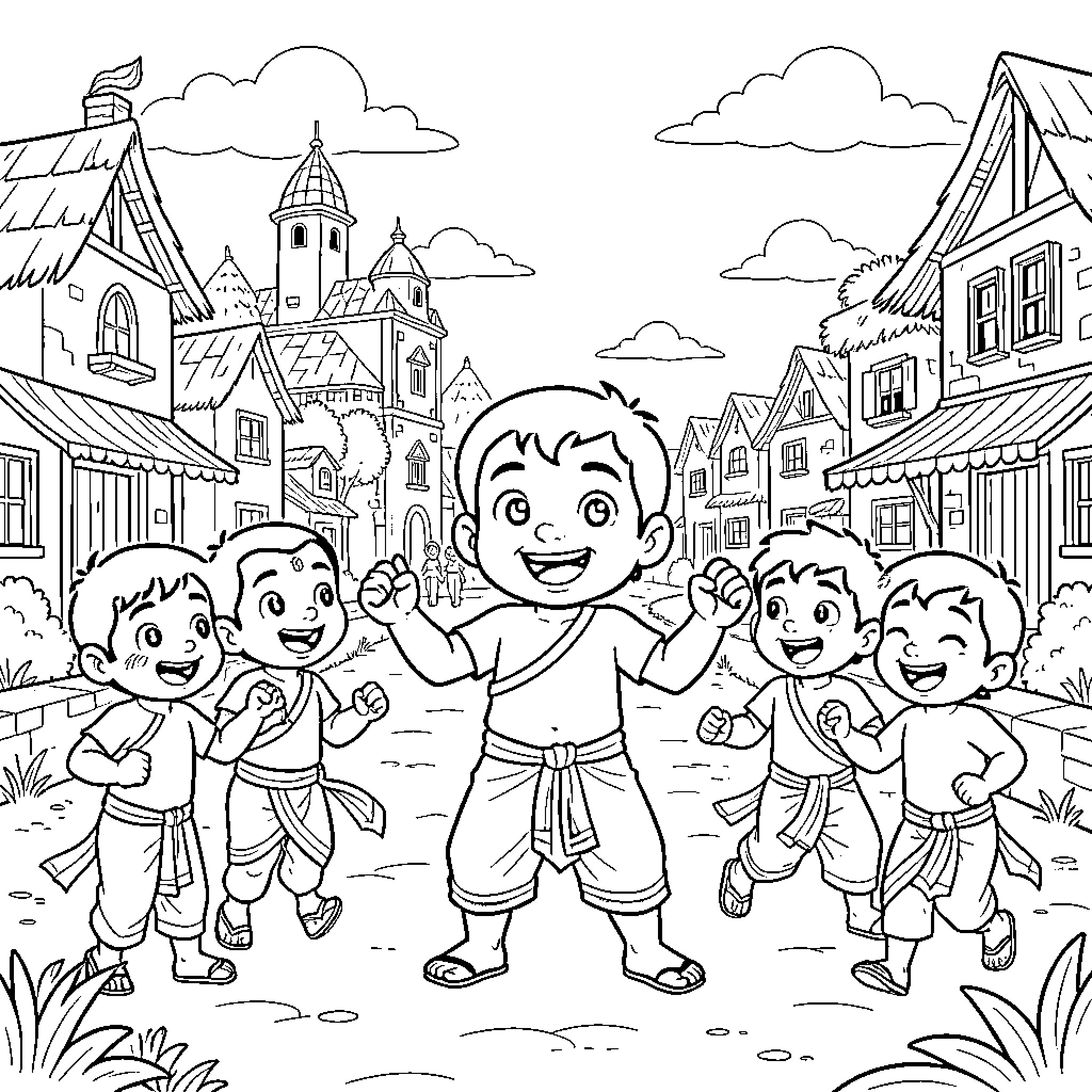 Chota Beem and friends playing in the village Coloring Page (free black-and-white line drawing printable PDF for all, from beginners to advanced learners, including children, teens, adults, and seniors)