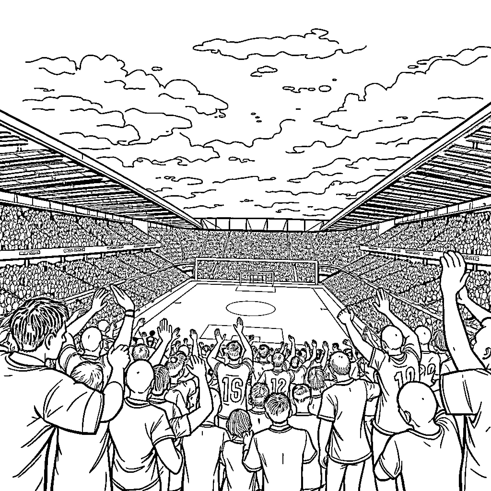 Everton fans enthusiastically supporting their team in a stadium Coloring Page (free black-and-white line drawing printable PDF for all, from beginners to advanced learners, including children, teens, adults, and seniors)