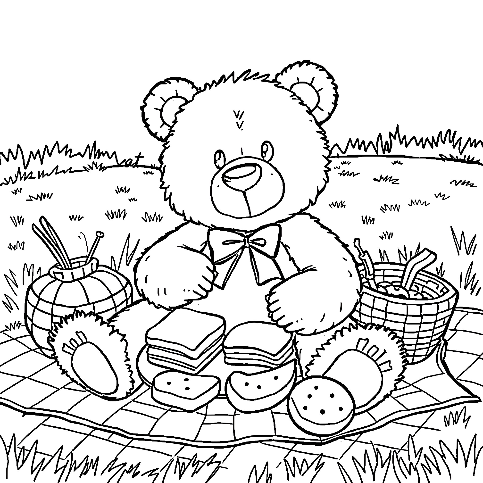 Teddy Bear Enjoying a Picnic in the Park Coloring Page (free black-and-white line drawing printable PDF for all, from beginners to advanced learners, including children, teens, adults, and seniors)