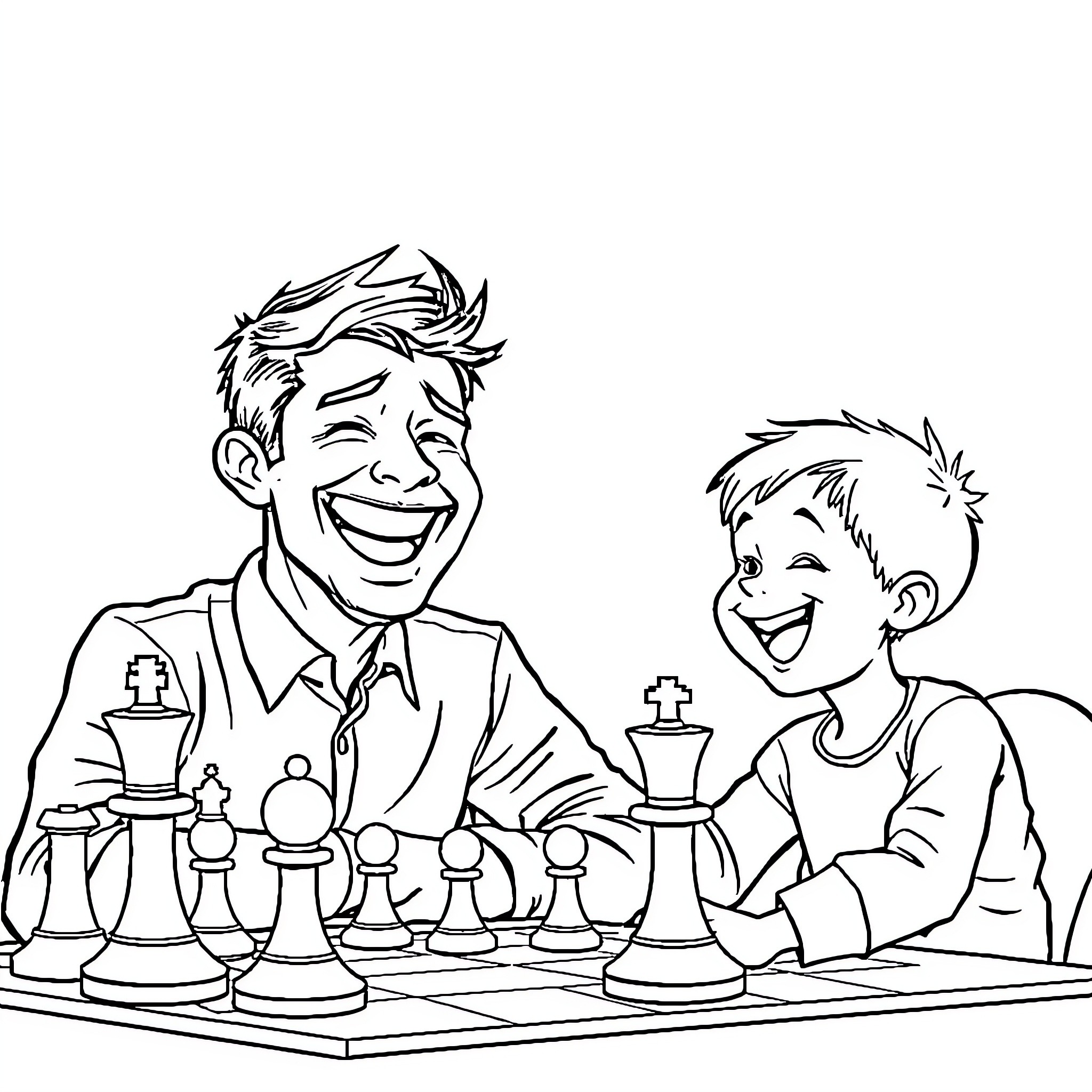 Magnus Carlsen teaching chess to a young boy Coloring Page (free black-and-white line drawing printable PDF for all, from beginners to advanced learners, including children, teens, adults, and seniors)