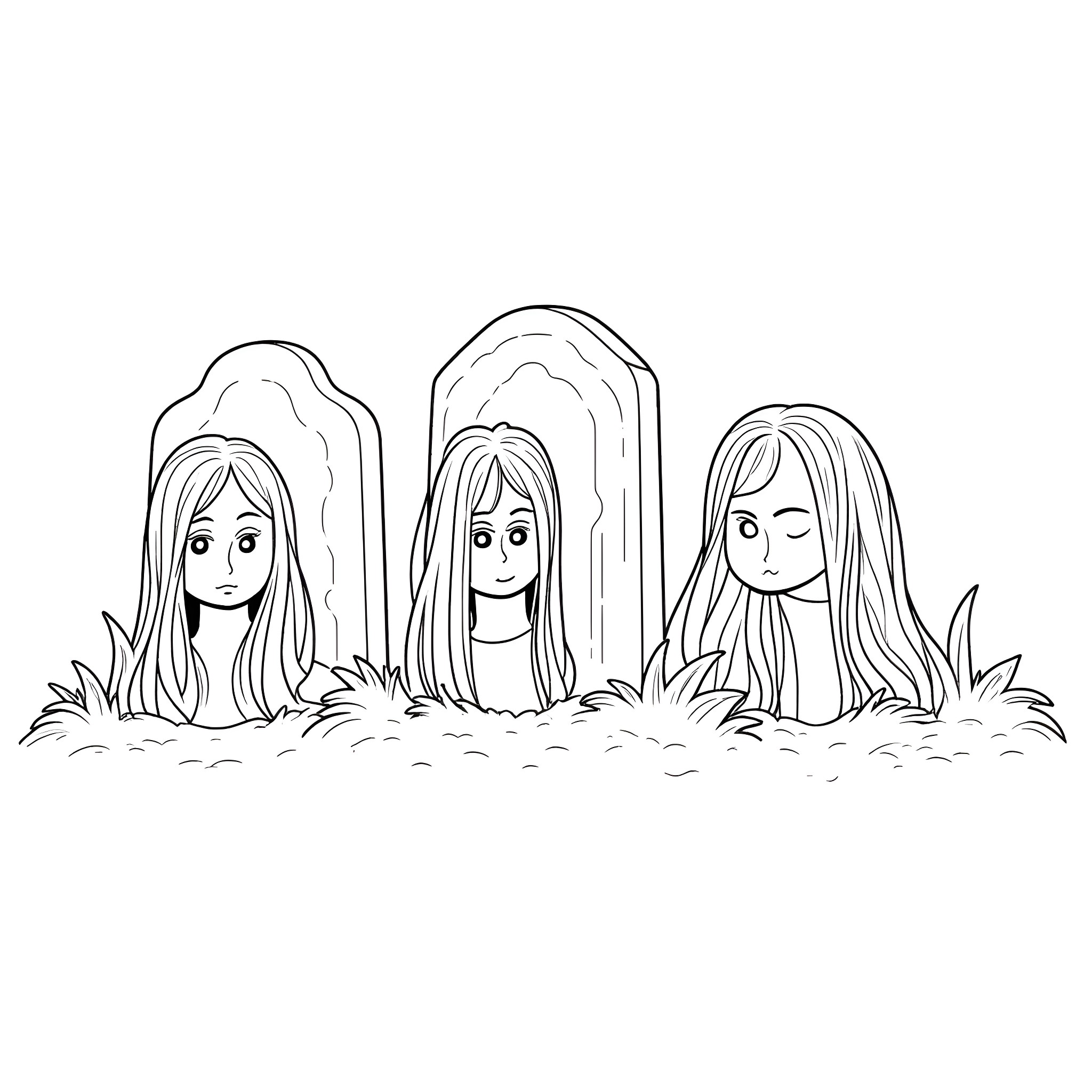 Head of girls with long hair in the field Coloring Page (free black-and-white line drawing printable PDF for all, from beginners to advanced learners, including children, teens, adults, and seniors)