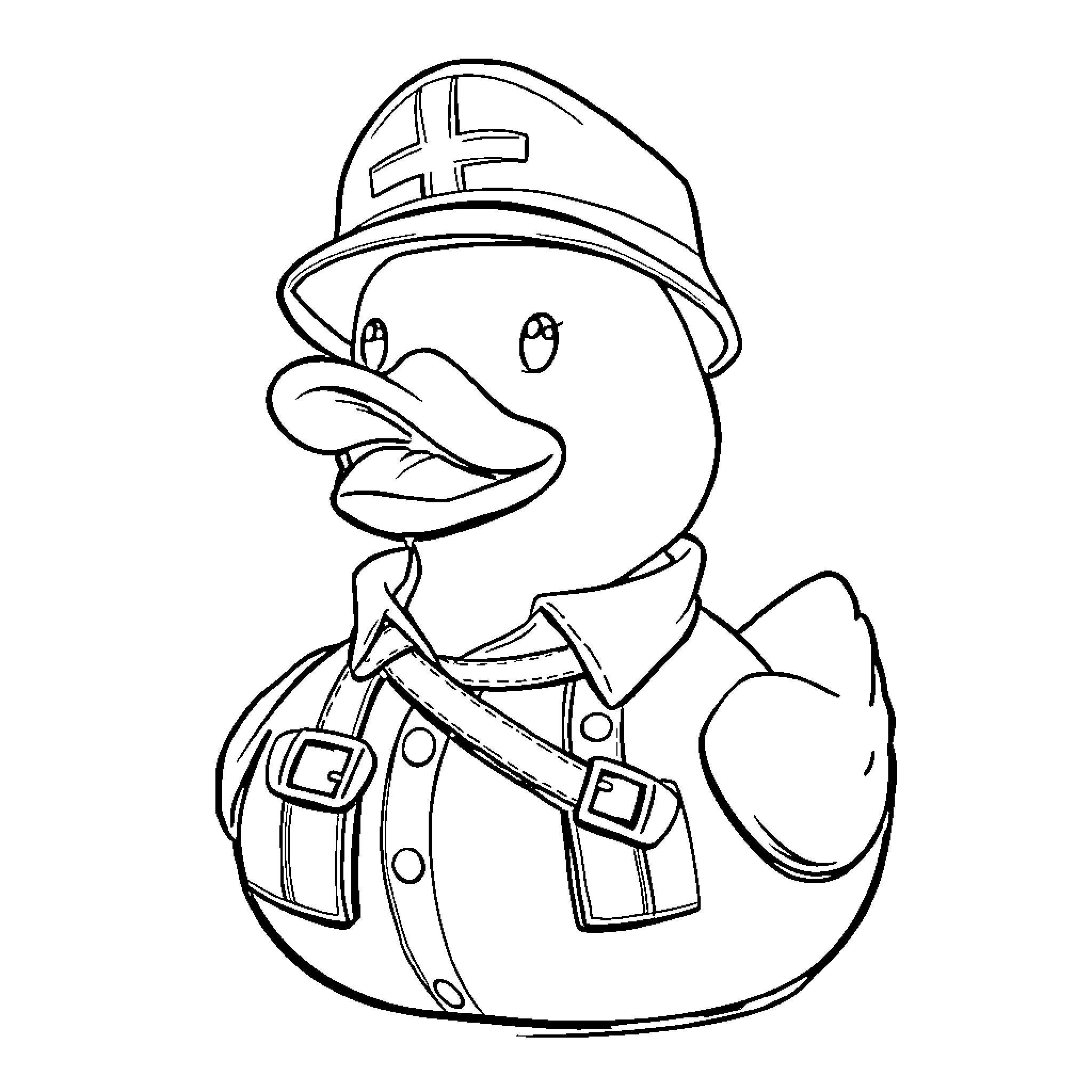 Rubber Duck in Uniform Costume Coloring Page (free black-and-white line drawing printable PDF for all, from beginners to advanced learners, including children, teens, adults, and seniors)