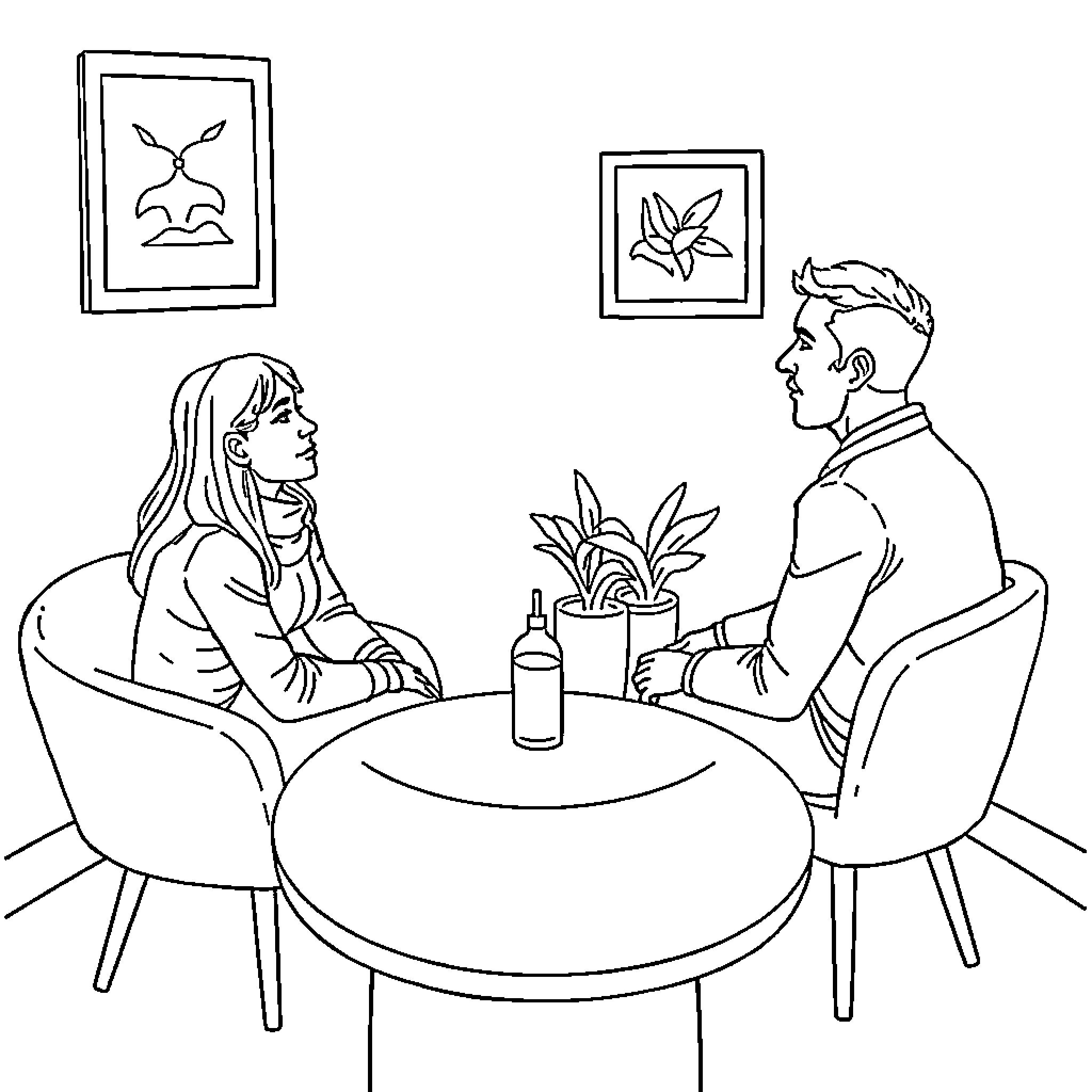 Persona of a Couple's Intimate Conversation Coloring Page (free black-and-white line drawing printable PDF for all, from beginners to advanced learners, including children, teens, adults, and seniors)