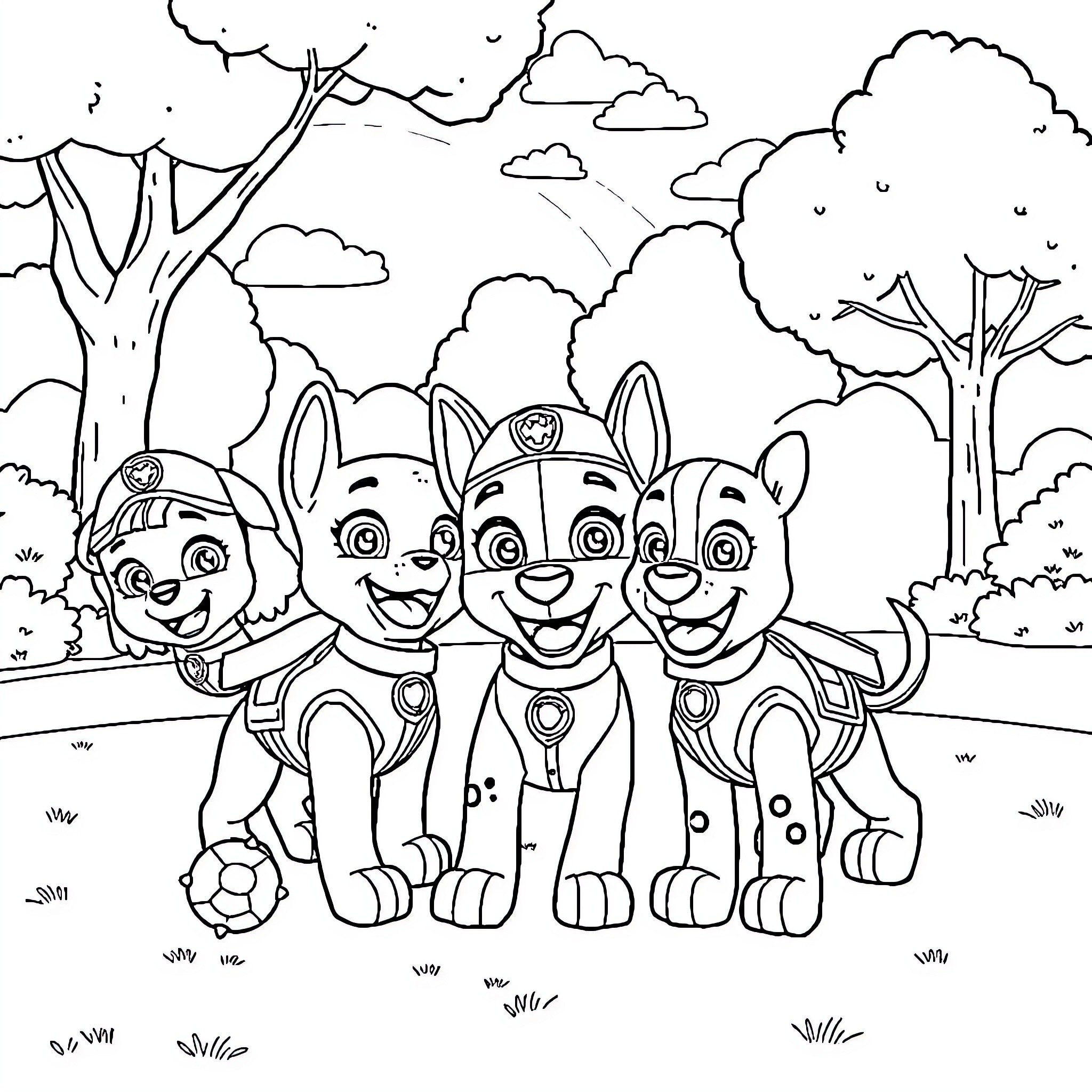 Paw Patrol pups on an outdoor adventure Coloring Page (free black-and-white line drawing printable PDF for all, from beginners to advanced learners, including children, teens, adults, and seniors)