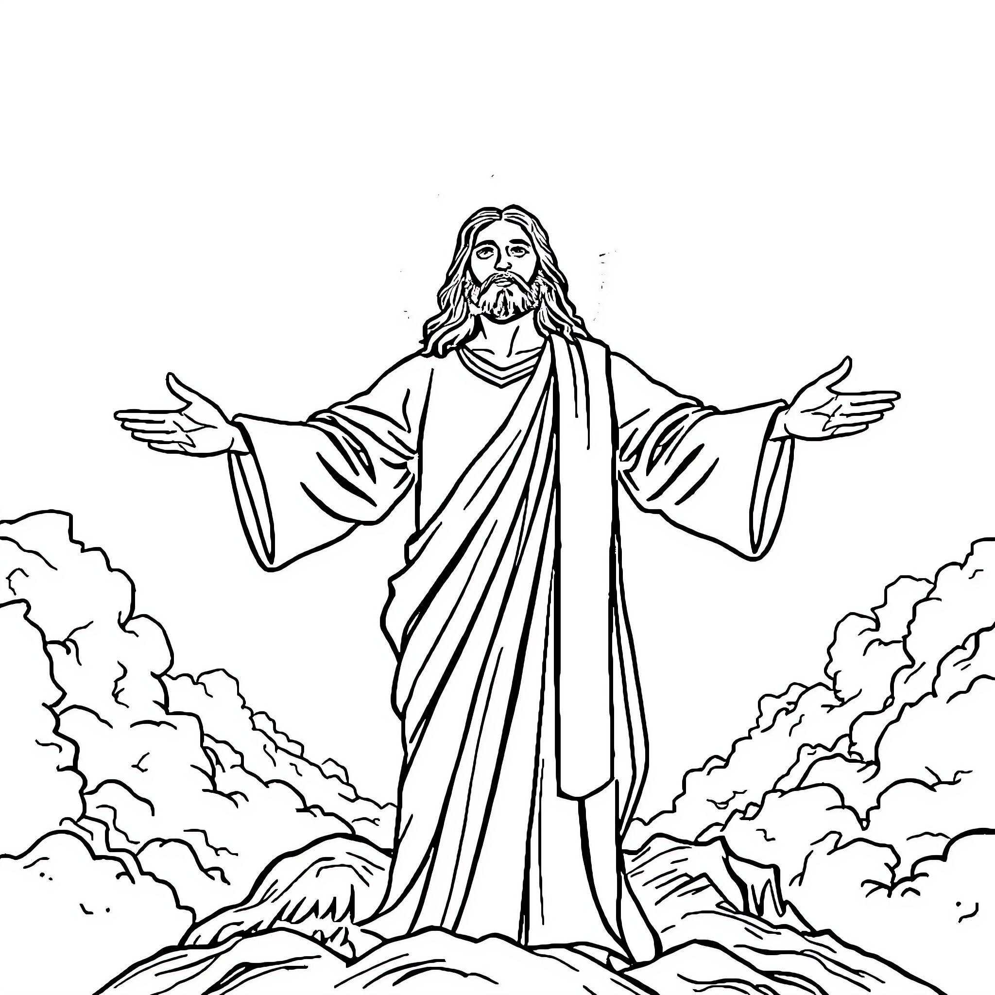 Jesus with open arms on the mountaintop Coloring Page (free black-and-white line drawing printable PDF for all, from beginners to advanced learners, including children, teens, adults, and seniors)