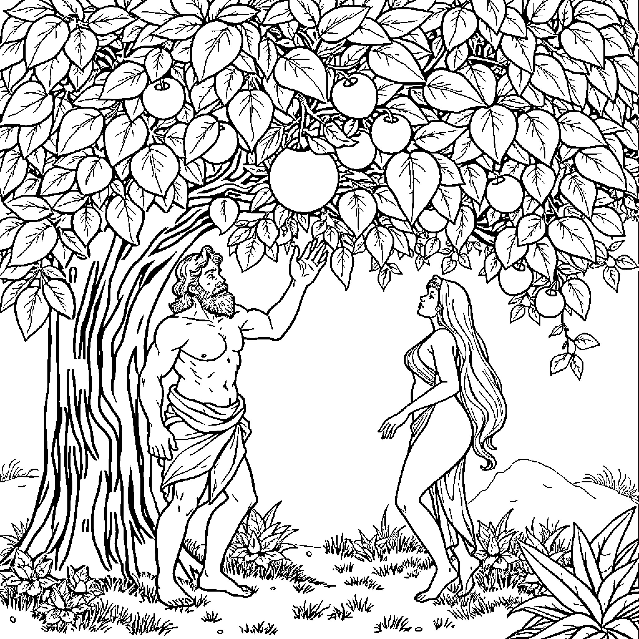 Adam and Eve under the Tree of Knowledge Coloring Page (free black-and-white line drawing printable PDF for all, from beginners to advanced learners, including children, teens, adults, and seniors)