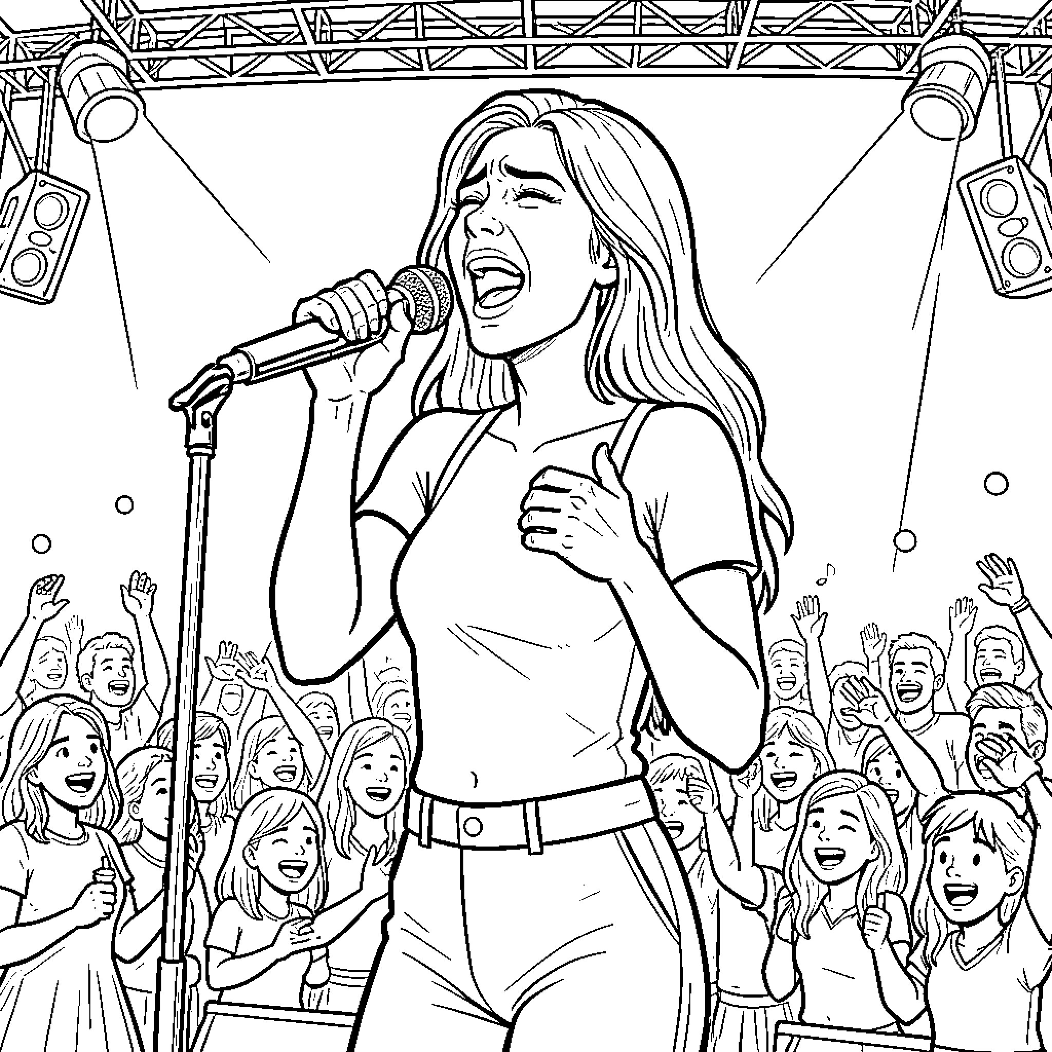 Lara Performing on Stage with Cheering Crowd Coloring Page (free black-and-white line drawing printable PDF for all, from beginners to advanced learners, including children, teens, adults, and seniors)