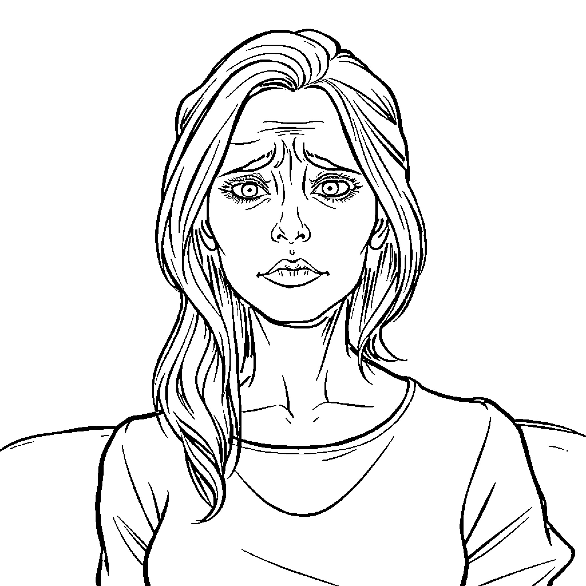 Wife's Pensive Gaze and Casual Attire Coloring Page (free black-and-white line drawing printable PDF for all, from beginners to advanced learners, including children, teens, adults, and seniors)