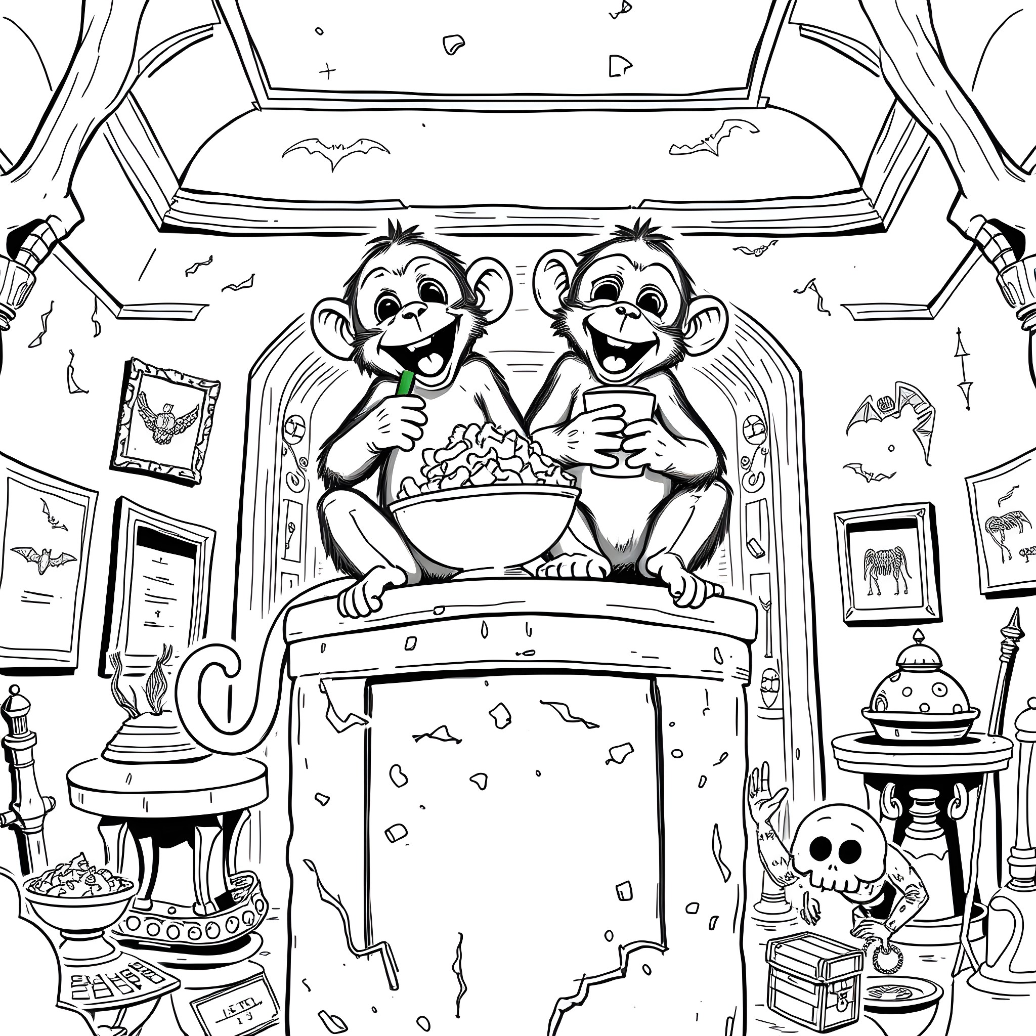 Monkey buddies enjoying a tasty snack in their cozy hideaway Coloring Page (free black-and-white line drawing printable PDF for all, from beginners to advanced learners, including children, teens, adults, and seniors)