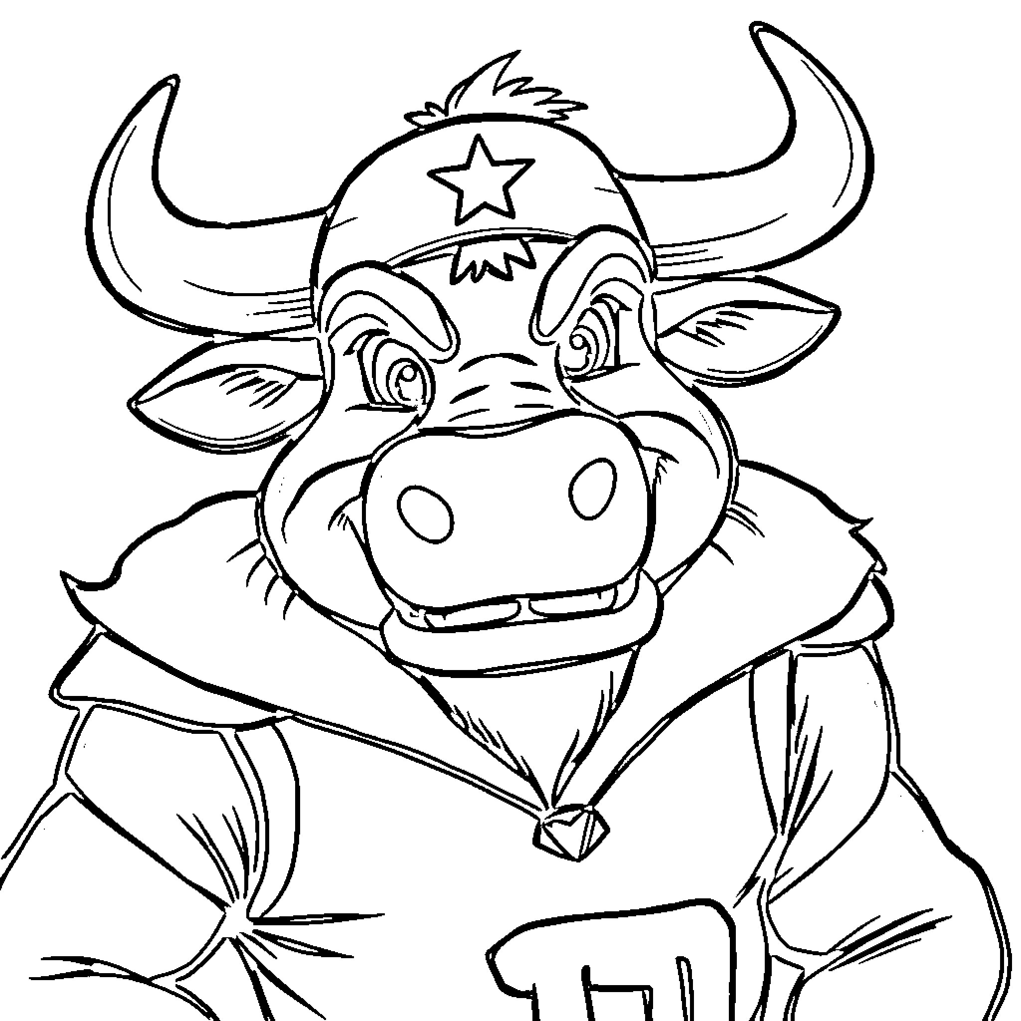 Toro the Cowboy Bull in Action Coloring Page (free black-and-white line drawing printable PDF for all, from beginners to advanced learners, including children, teens, adults, and seniors)