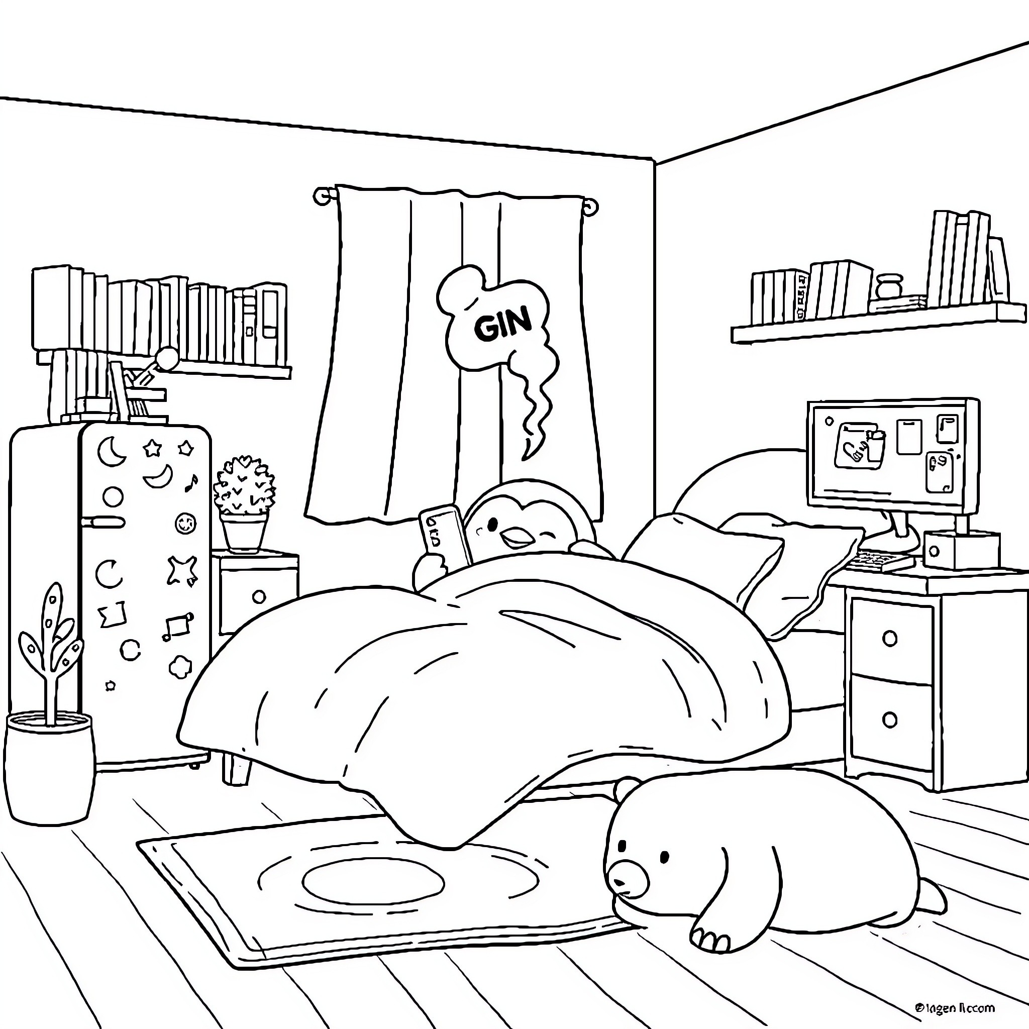 Penguin sleeping comfortably in a cozy bedroom Coloring Page (free black-and-white line drawing printable PDF for all, from beginners to advanced learners, including children, teens, adults, and seniors)