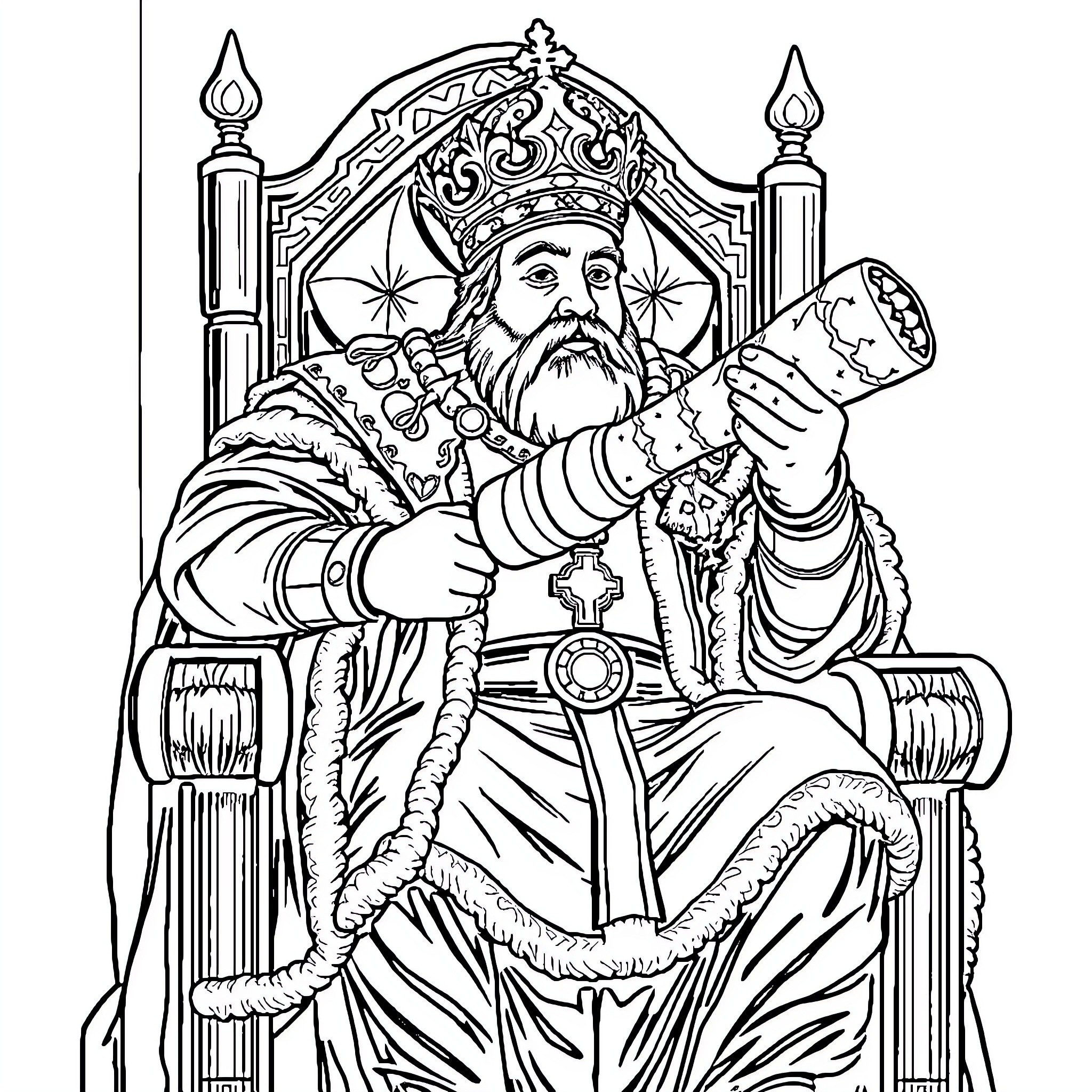 Turkey King in Ornate Throne Holding Scepter Coloring Page (free black-and-white line drawing printable PDF for all, from beginners to advanced learners, including children, teens, adults, and seniors)