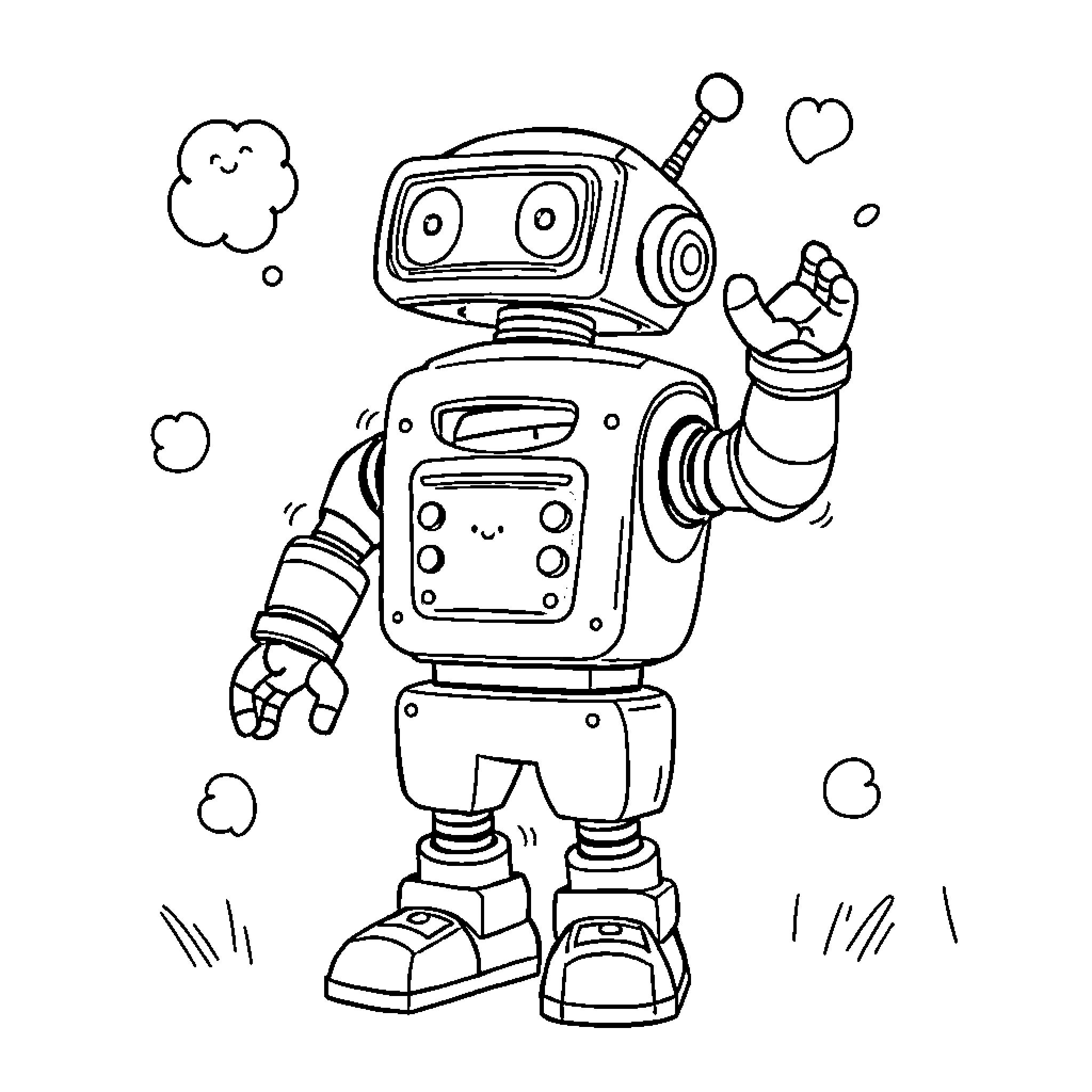 Robot Waving Happily with Hearts Coloring Page (free black-and-white line drawing printable PDF for all, from beginners to advanced learners, including children, teens, adults, and seniors)