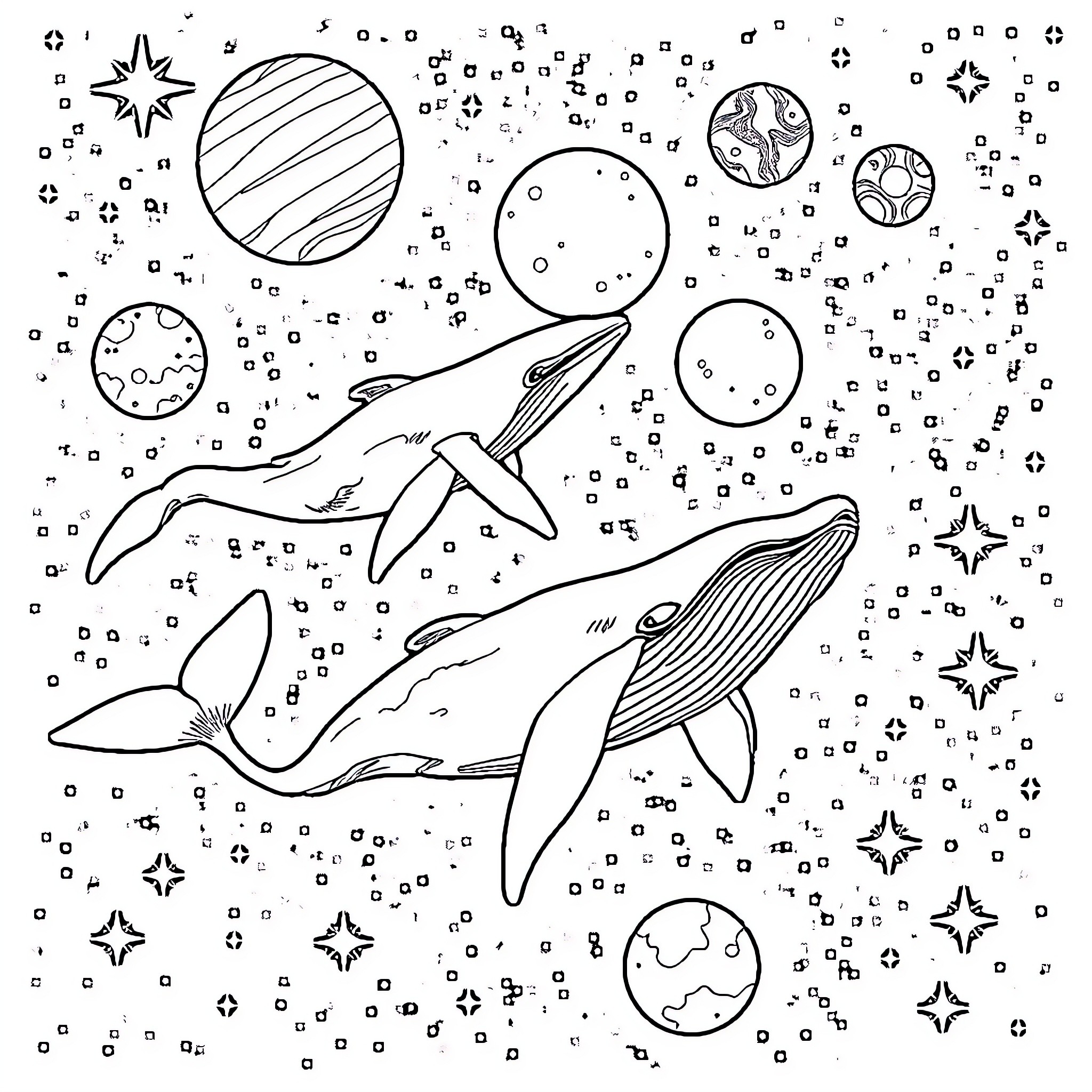 Whale swimming amidst cosmic scene Coloring Page (free black-and-white line drawing printable PDF for all, from beginners to advanced learners, including children, teens, adults, and seniors)