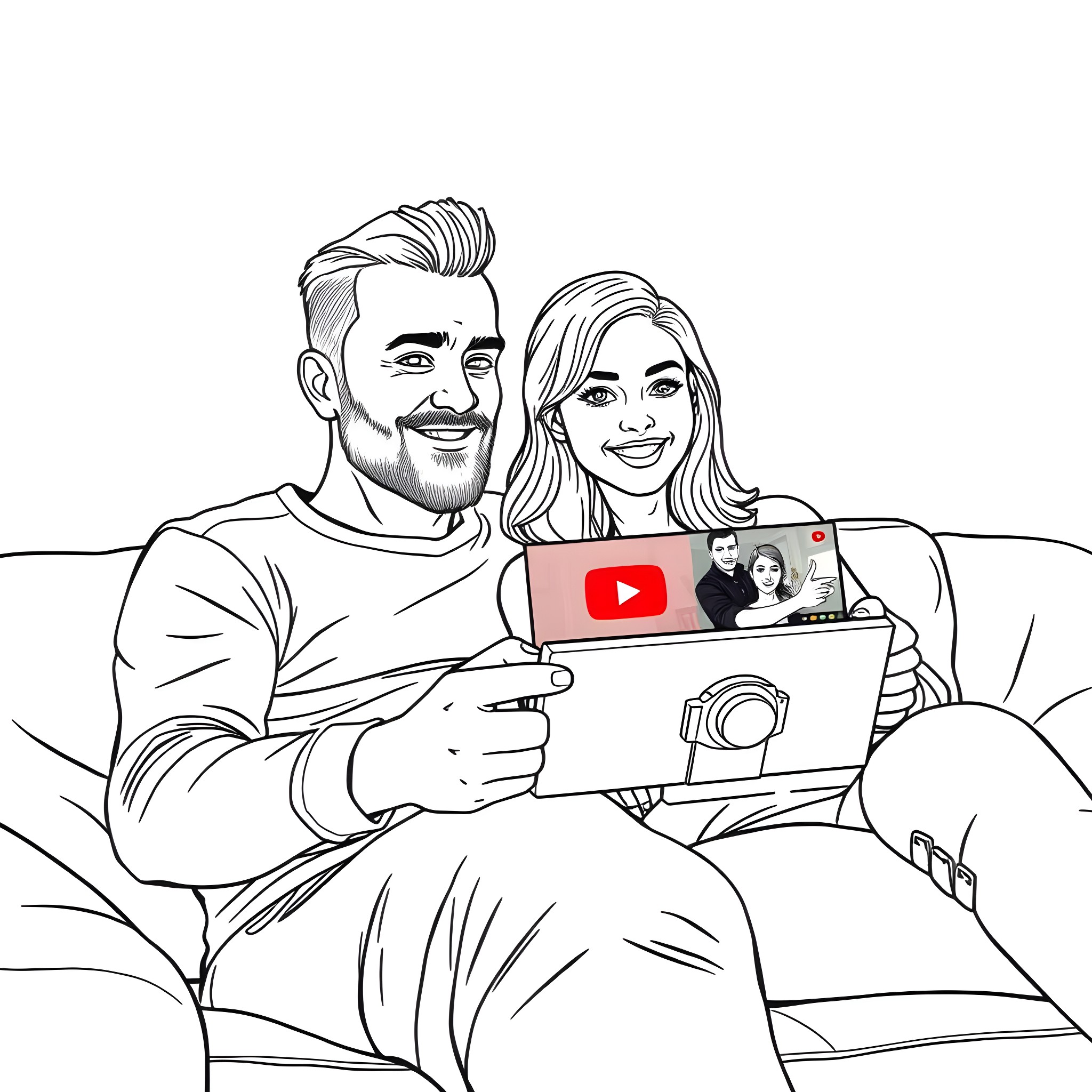 Husband and wife enjoying a video together Coloring Page (free black-and-white line drawing printable PDF for all, from beginners to advanced learners, including children, teens, adults, and seniors)